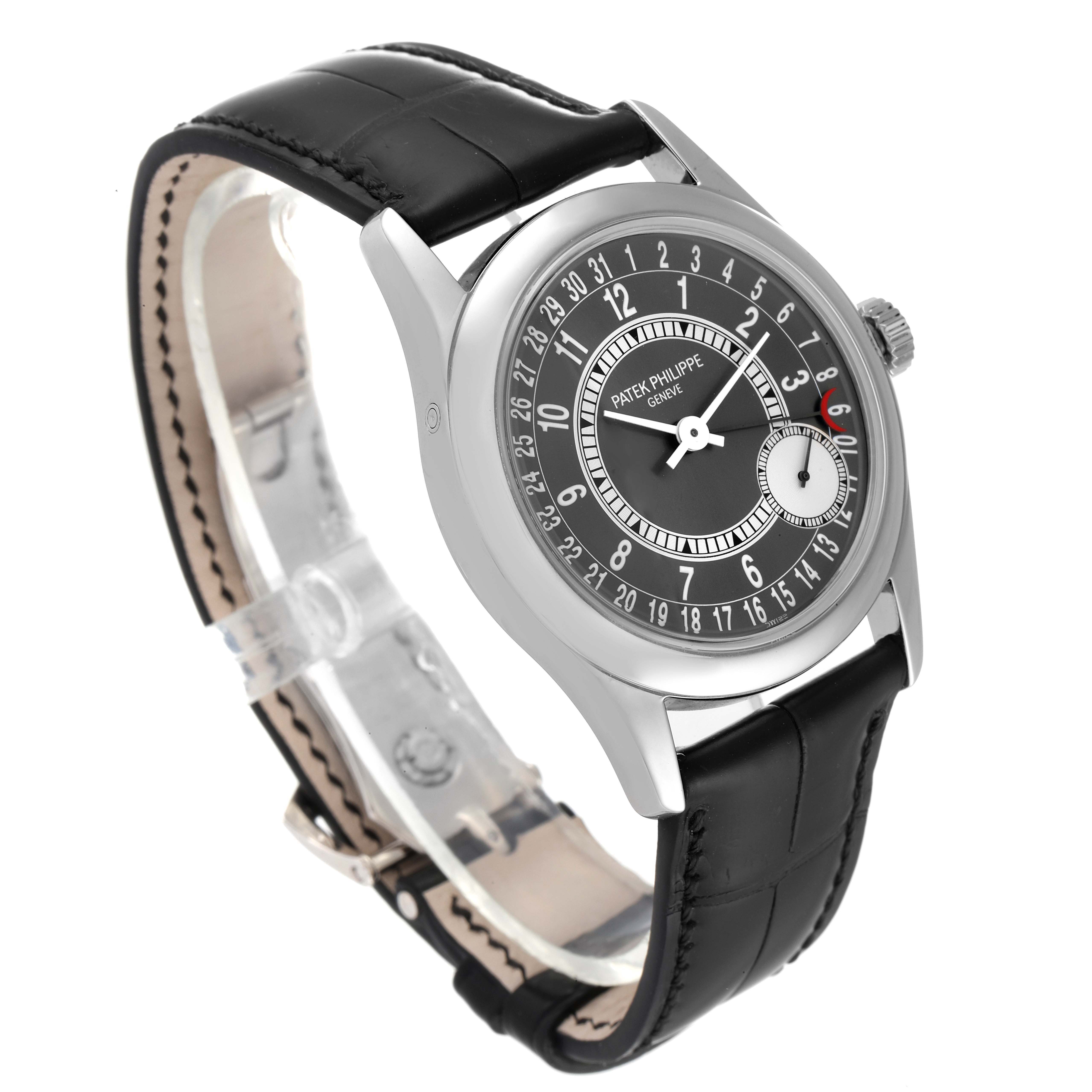 The Patek Philippe Calatrava 6000G Men's White Gold Grey Dial 6000G Men's White Gold Grey Dial watch is shown at a slight angle highlighting the dial, bezel, crown, and leather strap.