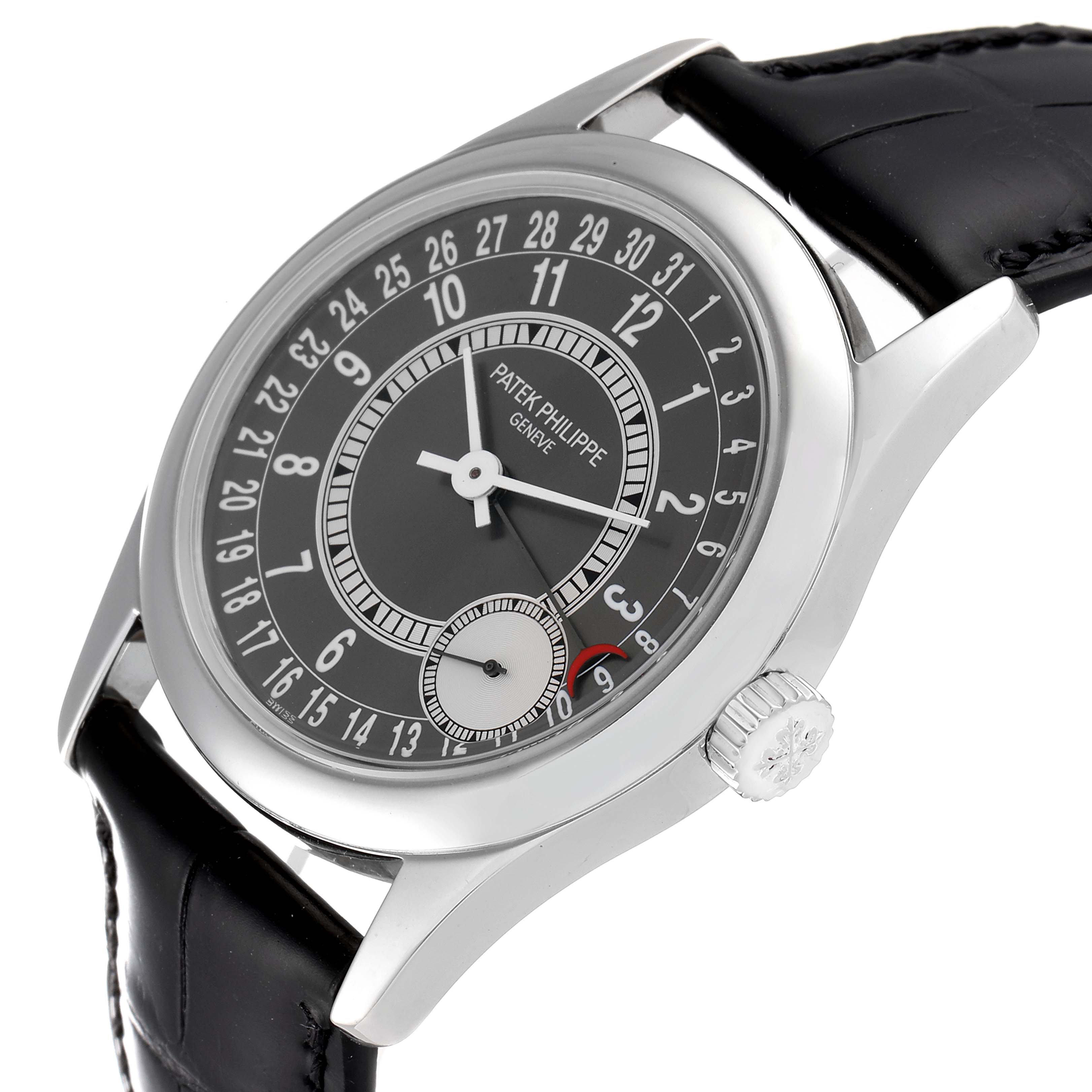 The image shows a side angle view of a black Patek Philippe Calatrava 6000G Men's White Gold Grey Dial 6000G Men's White Gold Grey Dial watch, highlighting the dial and crown.