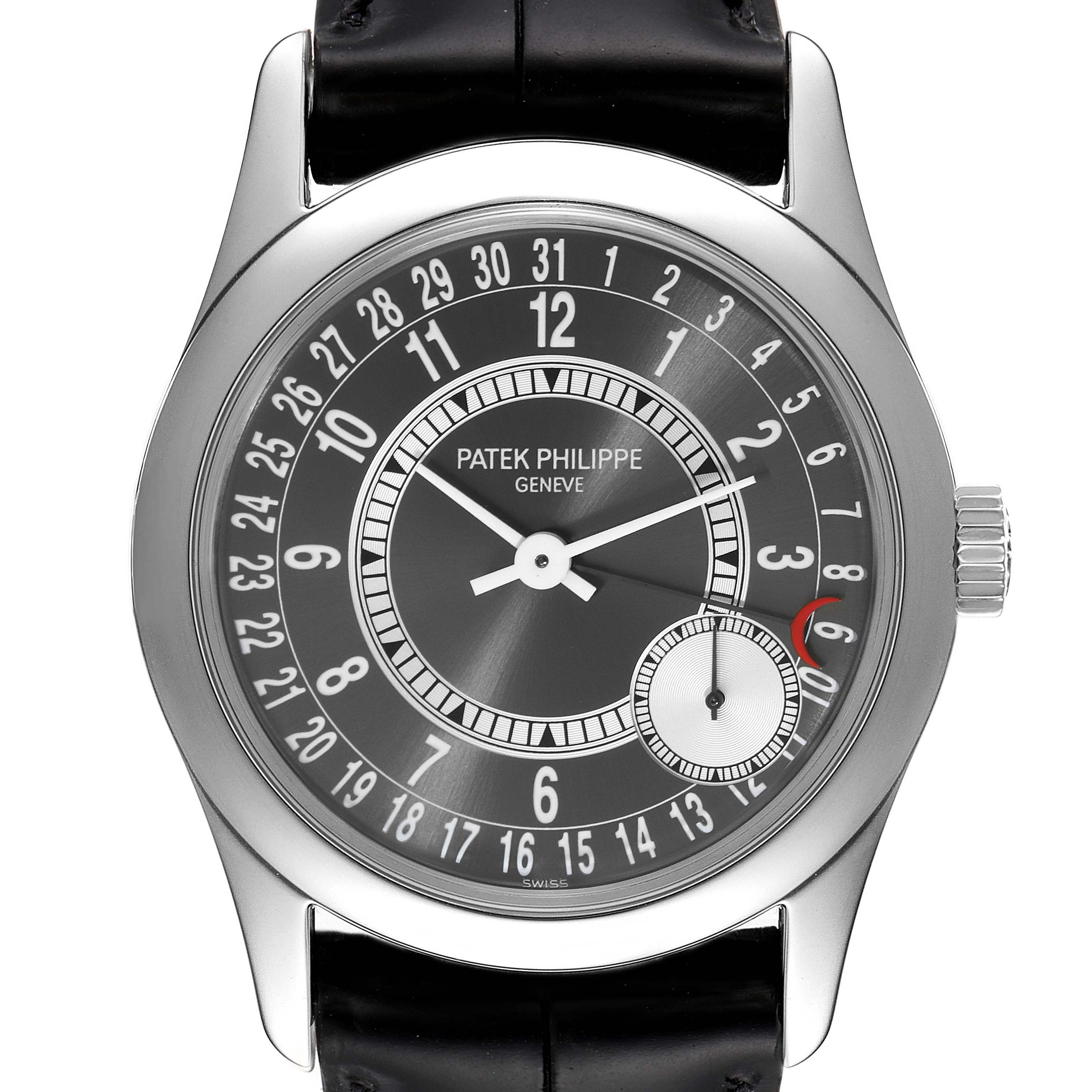 This image shows a front view of the Patek Philippe Calatrava 6000G Men's White Gold Grey Dial 6000G Men's White Gold Grey Dial watch, highlighting its dial, hands, and crown.