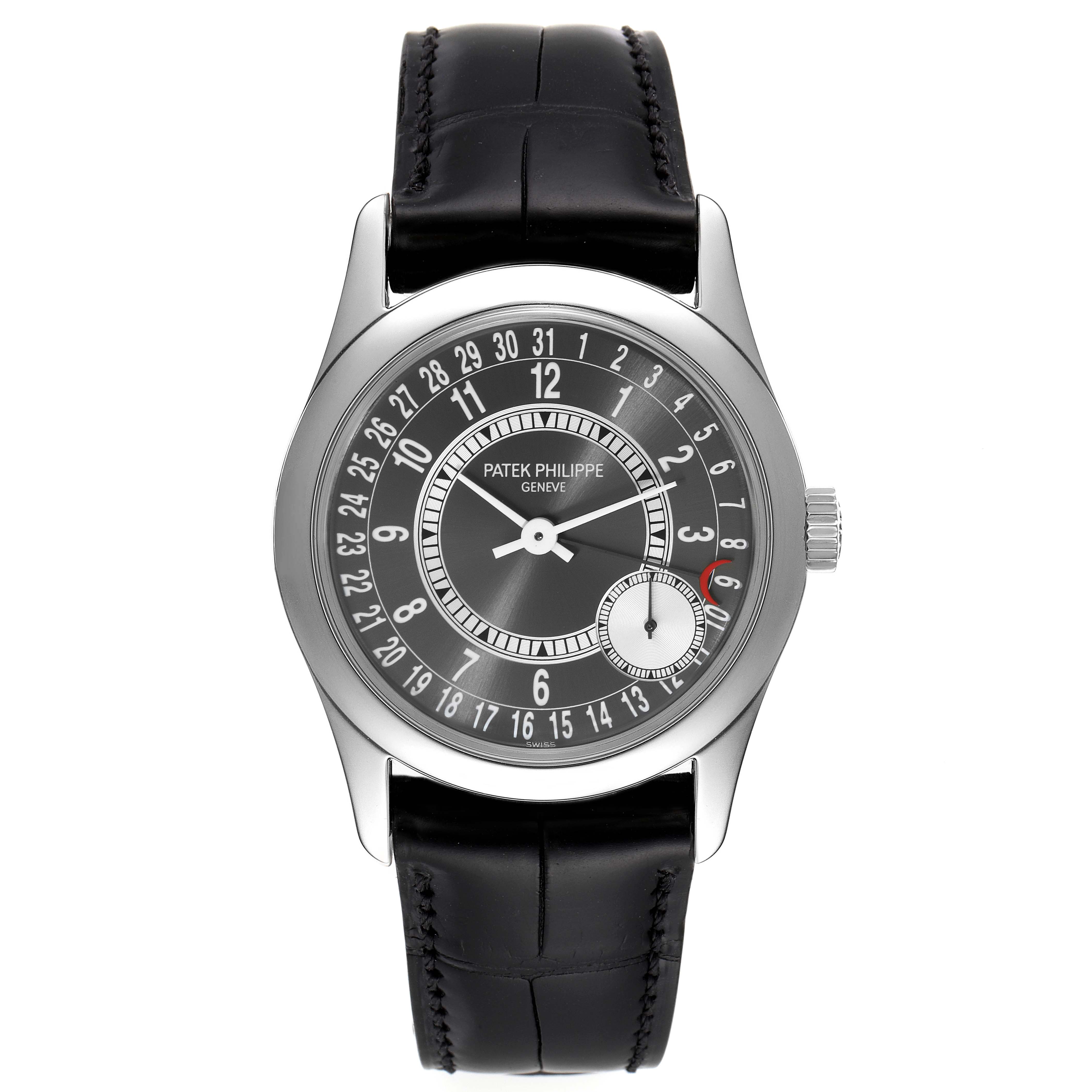 This image shows a front view of the Patek Philippe Calatrava 6000G Men's White Gold Grey Dial 6000G Men's White Gold Grey Dial watch, displaying the dial, hands, crown, and leather strap.