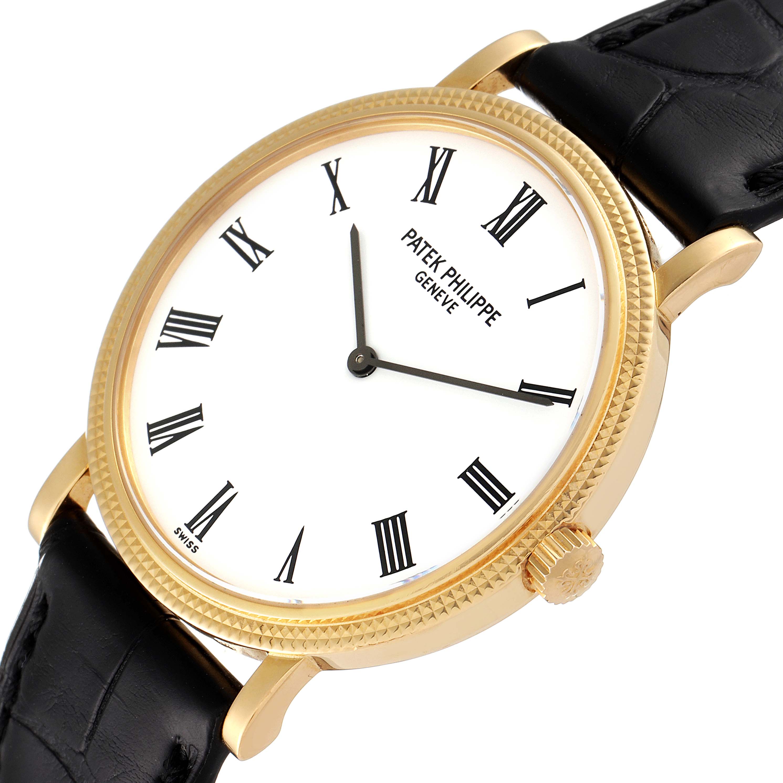 The image shows a close-up angle of the Patek Philippe Calatrava 5120J Men
s Yellow Gold White Dial 5120J Men
s Yellow Gold White Dial watch, focusing on the dial, case, crown, and leather strap.