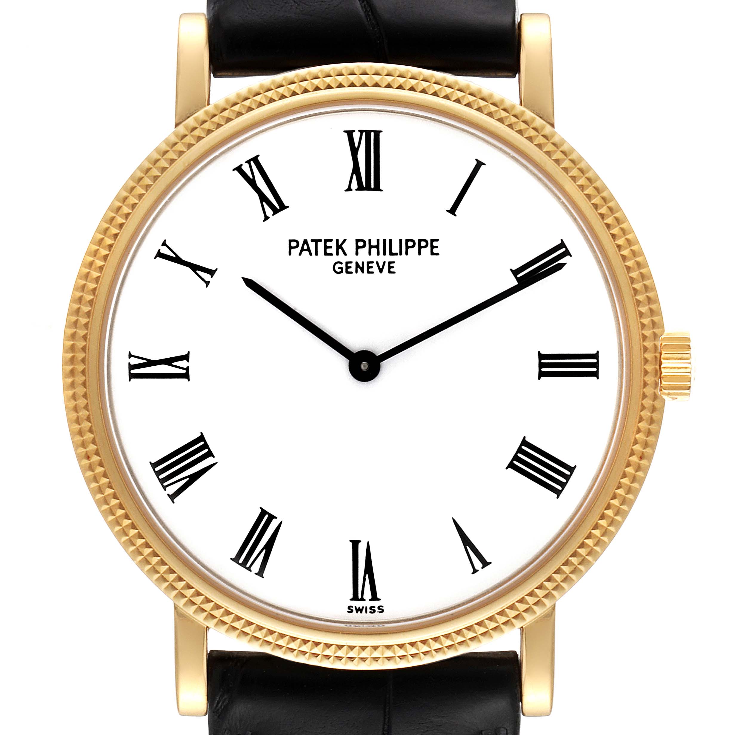 This image shows a front view of the Patek Philippe Calatrava 5120J Men
s Yellow Gold White Dial 5120J Men
s Yellow Gold White Dial watch, featuring its dial, hands, crown, and part of the leather strap.