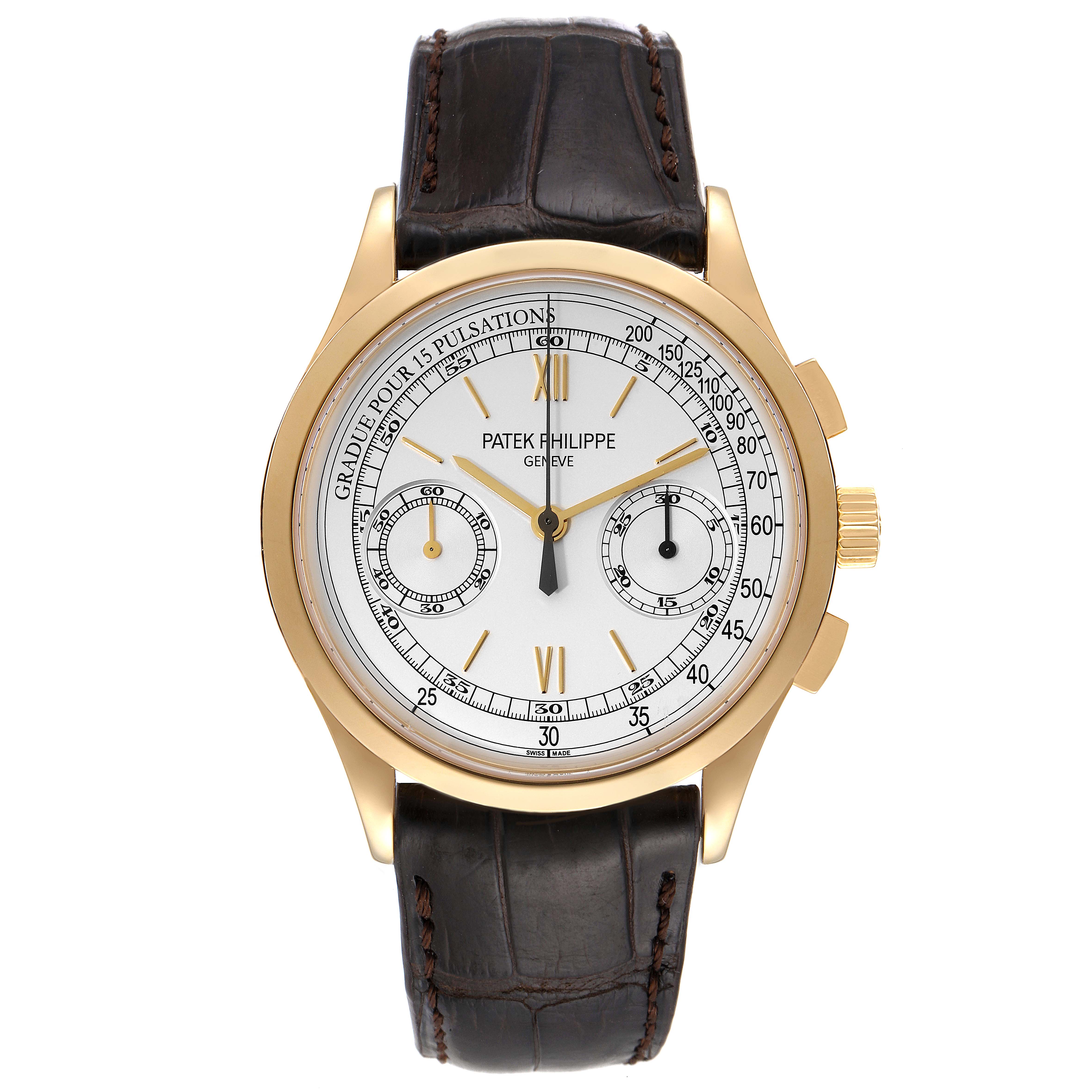 The image shows a front view of a Patek Philippe Complications 5170J Men's Yellow Gold Silver Dial 5170J Men's Yellow Gold Silver Dial model watch with a gold case and brown leather strap.