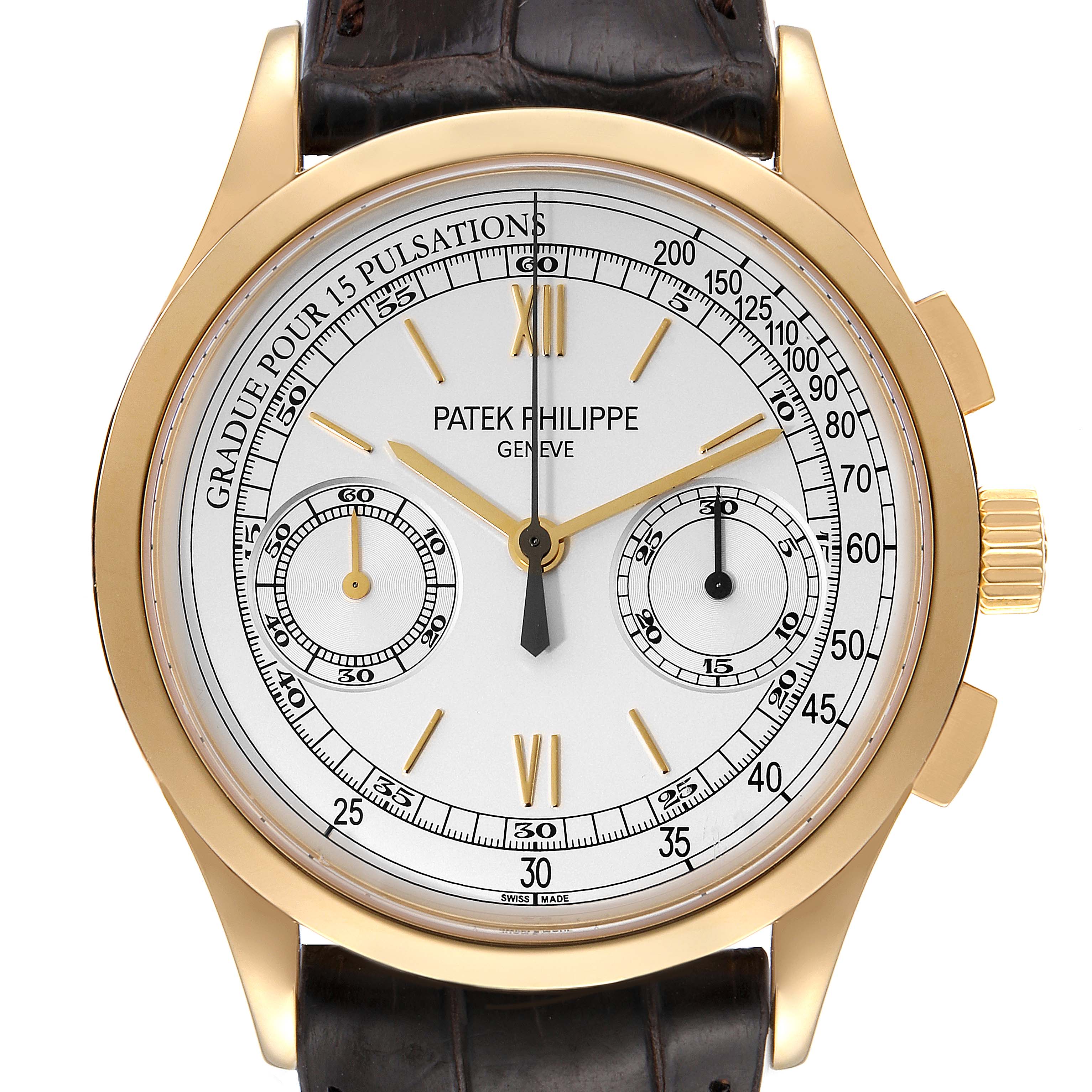 This image shows a front view of the Patek Philippe Complications 5170J Men's Yellow Gold Silver Dial 5170J Men's Yellow Gold Silver Dial model watch, showcasing its dial, hands, and subdials.