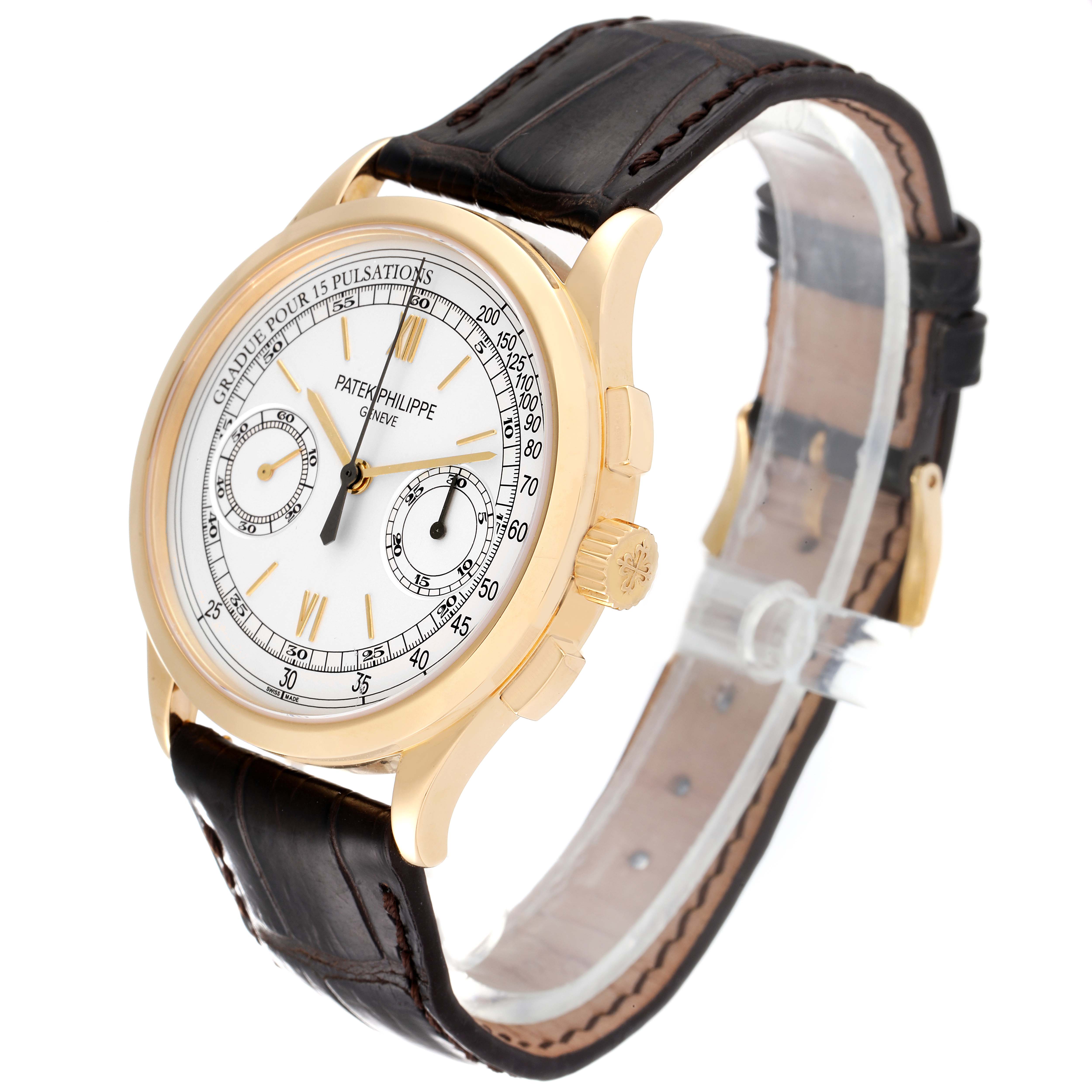 The image shows a Patek Philippe Complications 5170J Men's Yellow Gold Silver Dial 5170J Men's Yellow Gold Silver Dial model watch at a three-quarter angle, displaying the face, crown, and leather strap.