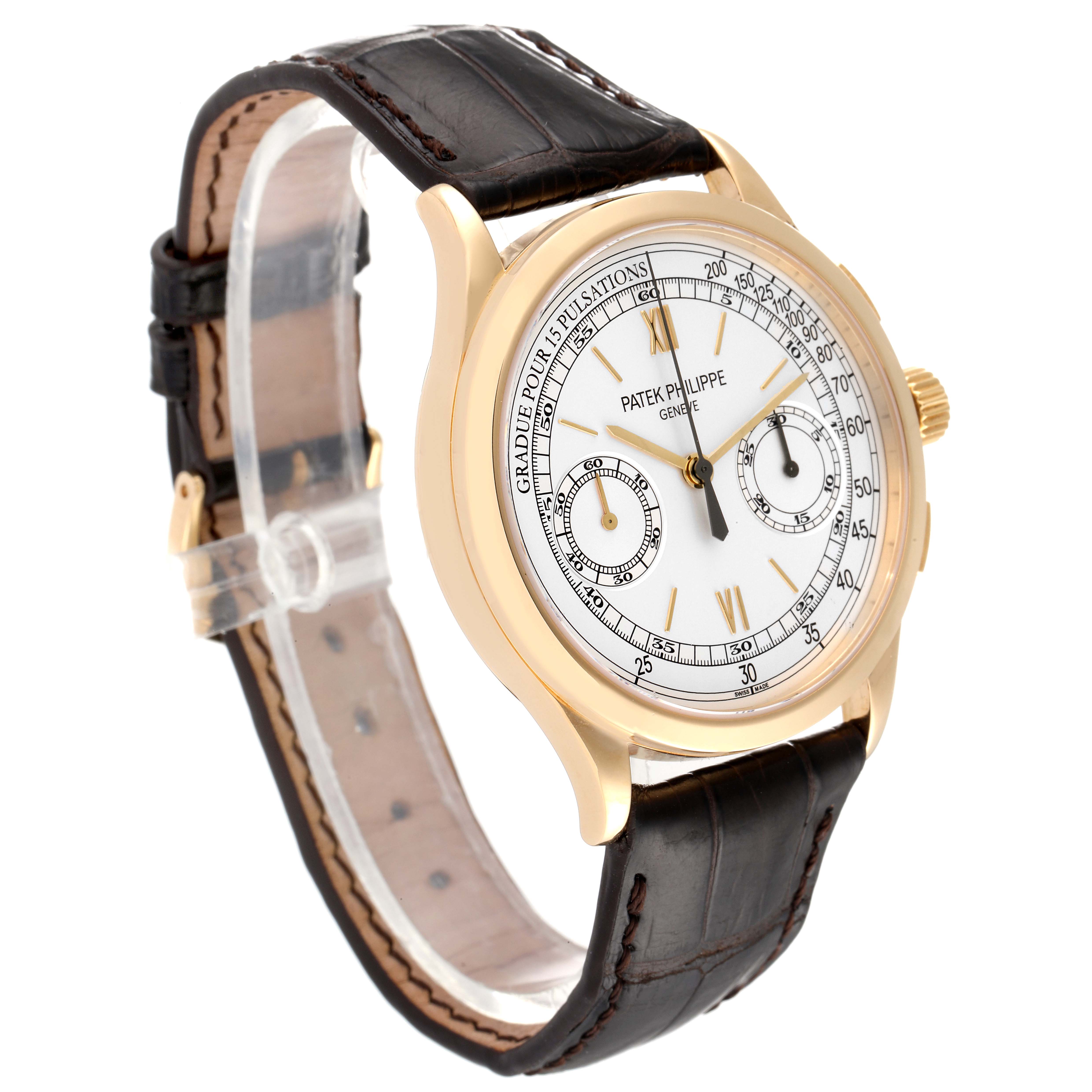 The image shows a side angle of a Patek Philippe Complications 5170J Men's Yellow Gold Silver Dial 5170J Men's Yellow Gold Silver Dial watch featuring a leather strap and gold case.