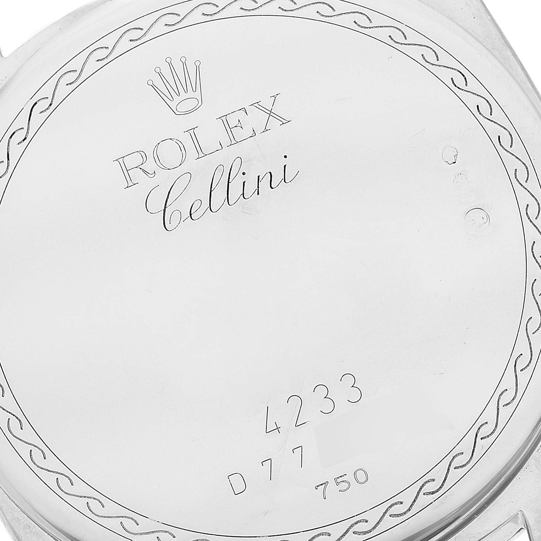 This image shows the back case of a Rolex Cellini 4233 Men's Steel and Gold (two tone) Black Dial 4233 Men's Steel and Gold (two tone) Black Dial model watch from a close-up angle.