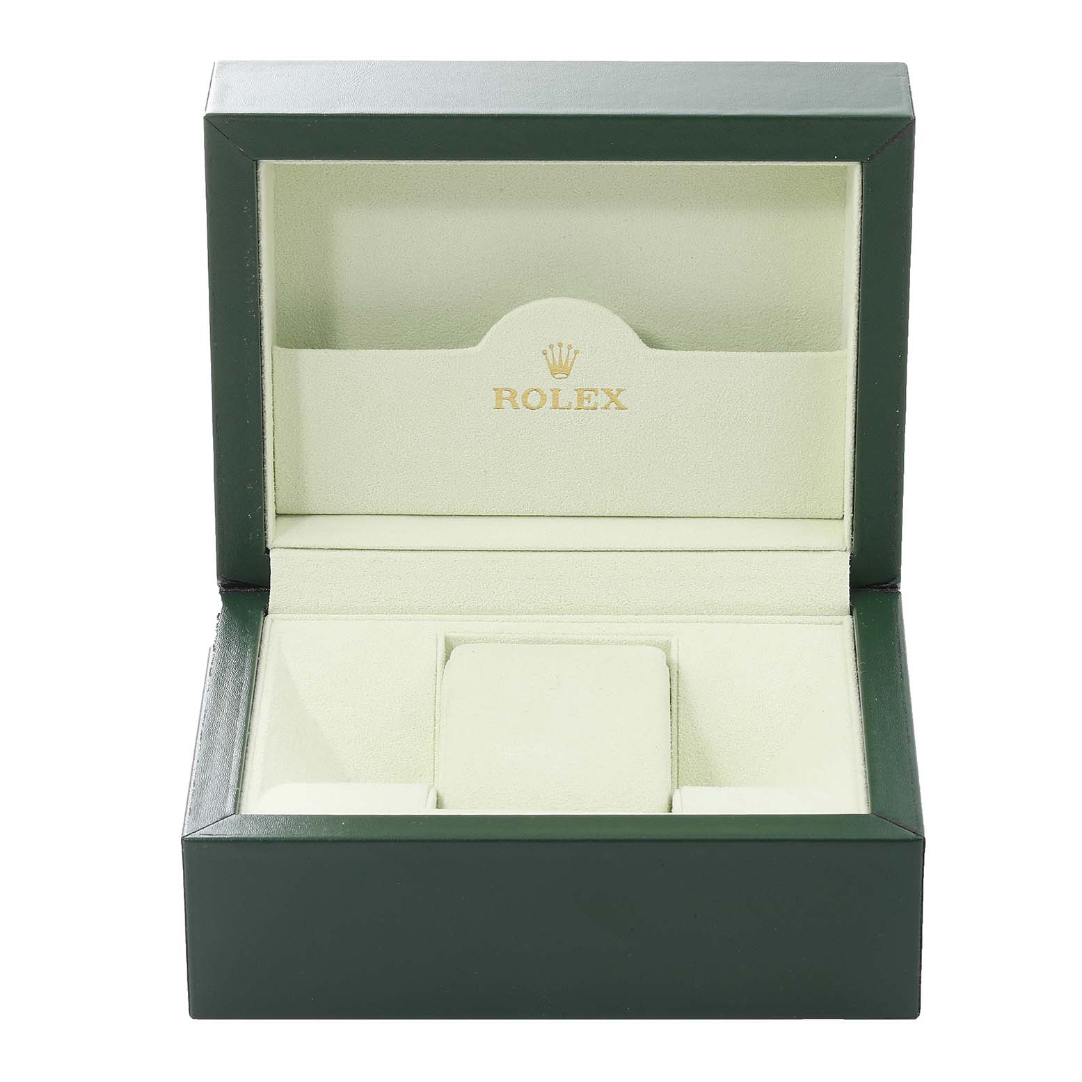 This image depicts an open green and cream box for a Rolex Cellini 4233 Men's Steel and Gold (two tone) Black Dial 4233 Men's Steel and Gold (two tone) Black Dial watch, showing interior compartments and the logo.