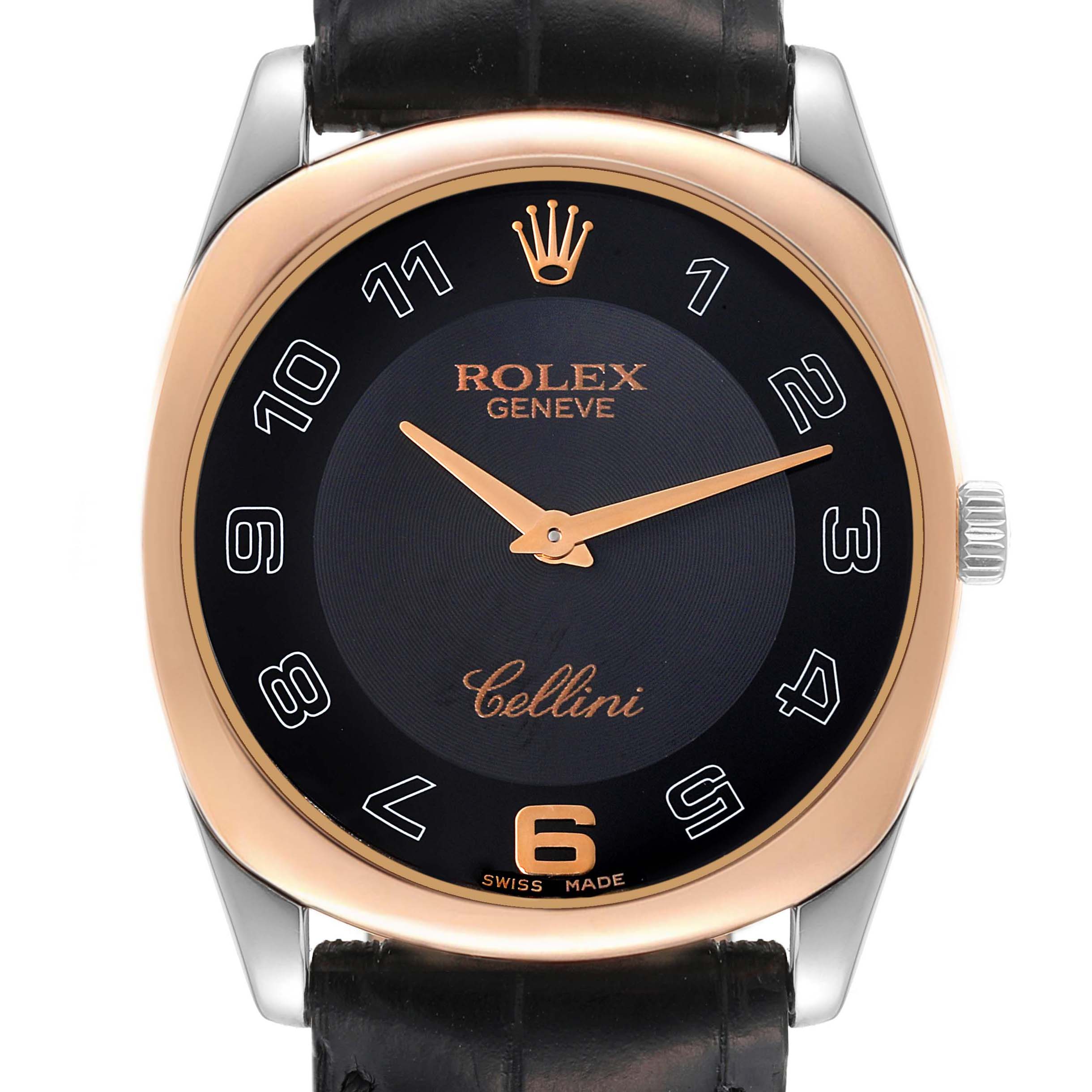 The image shows a frontal view of a Rolex Cellini 4233 Men's Steel and Gold (two tone) Black Dial 4233 Men's Steel and Gold (two tone) Black Dial watch, displaying its face, crown, and leather band.