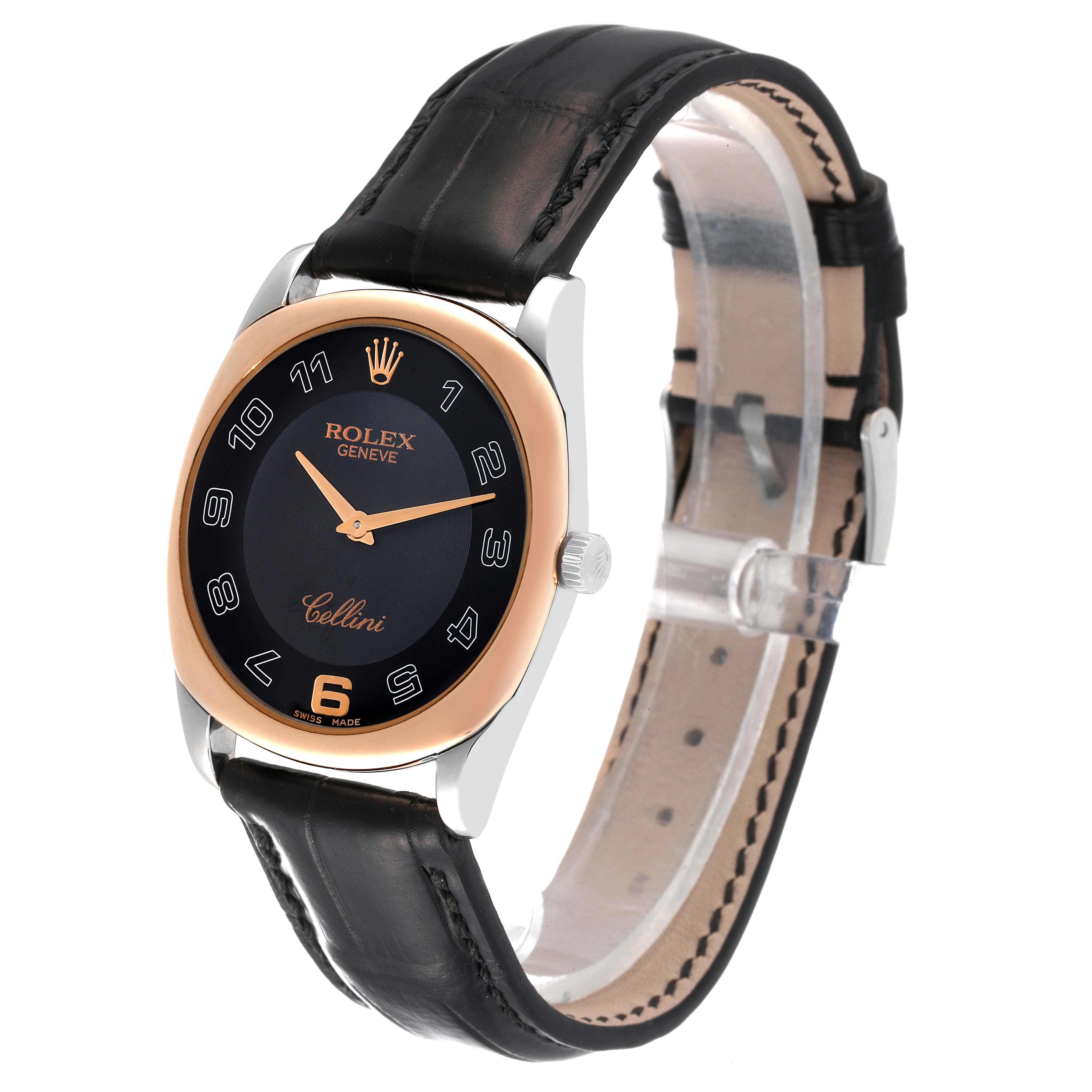 The image shows a Rolex Cellini 4233 Men's Steel and Gold (two tone) Black Dial 4233 Men's Steel and Gold (two tone) Black Dial wristwatch at a three-quarter angle, highlighting its face, strap, and side.