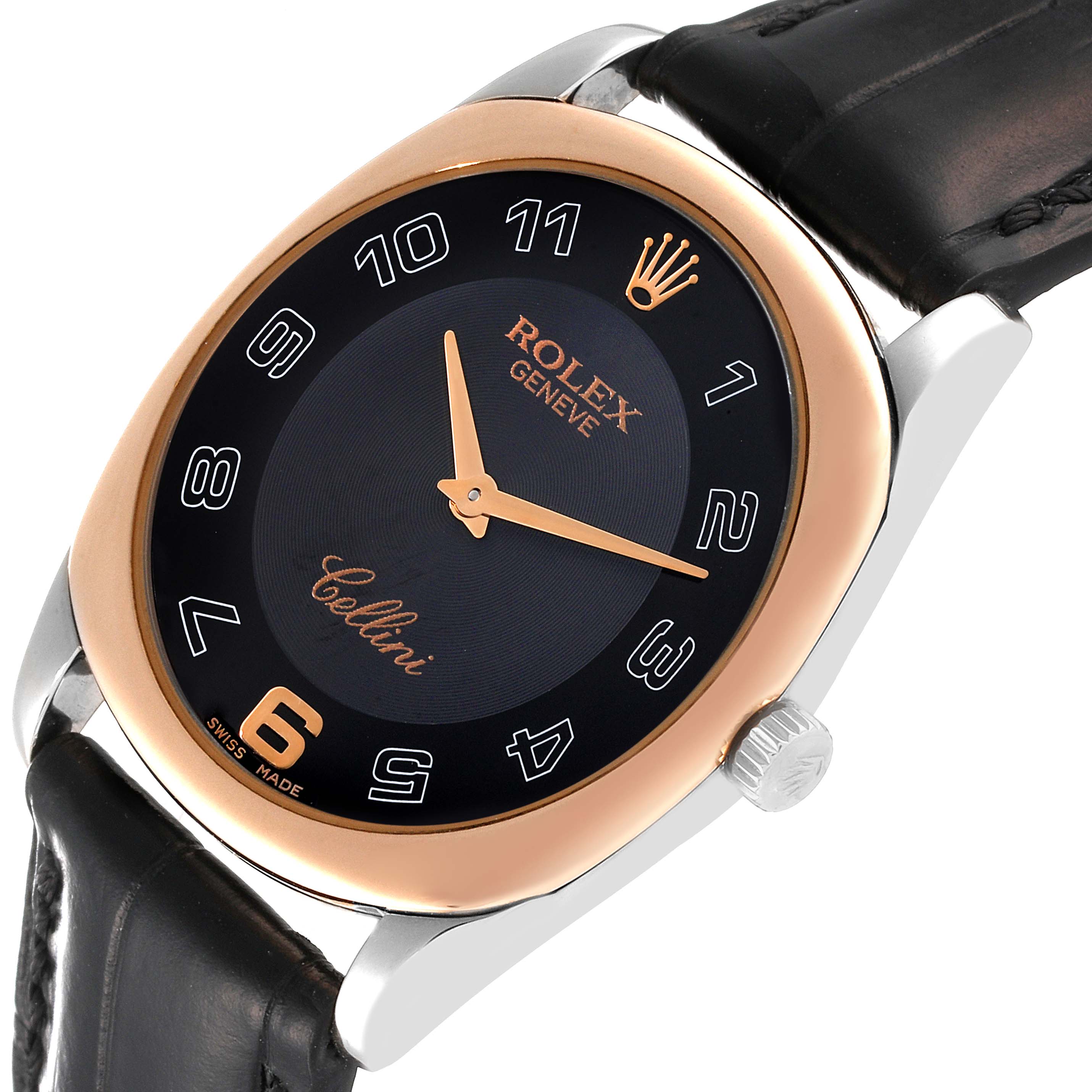 The image shows a close-up side angle of a Rolex Cellini 4233 Men's Steel and Gold (two tone) Black Dial 4233 Men's Steel and Gold (two tone) Black Dial watch, highlighting its face, bezel, crown, and part of the leather strap.