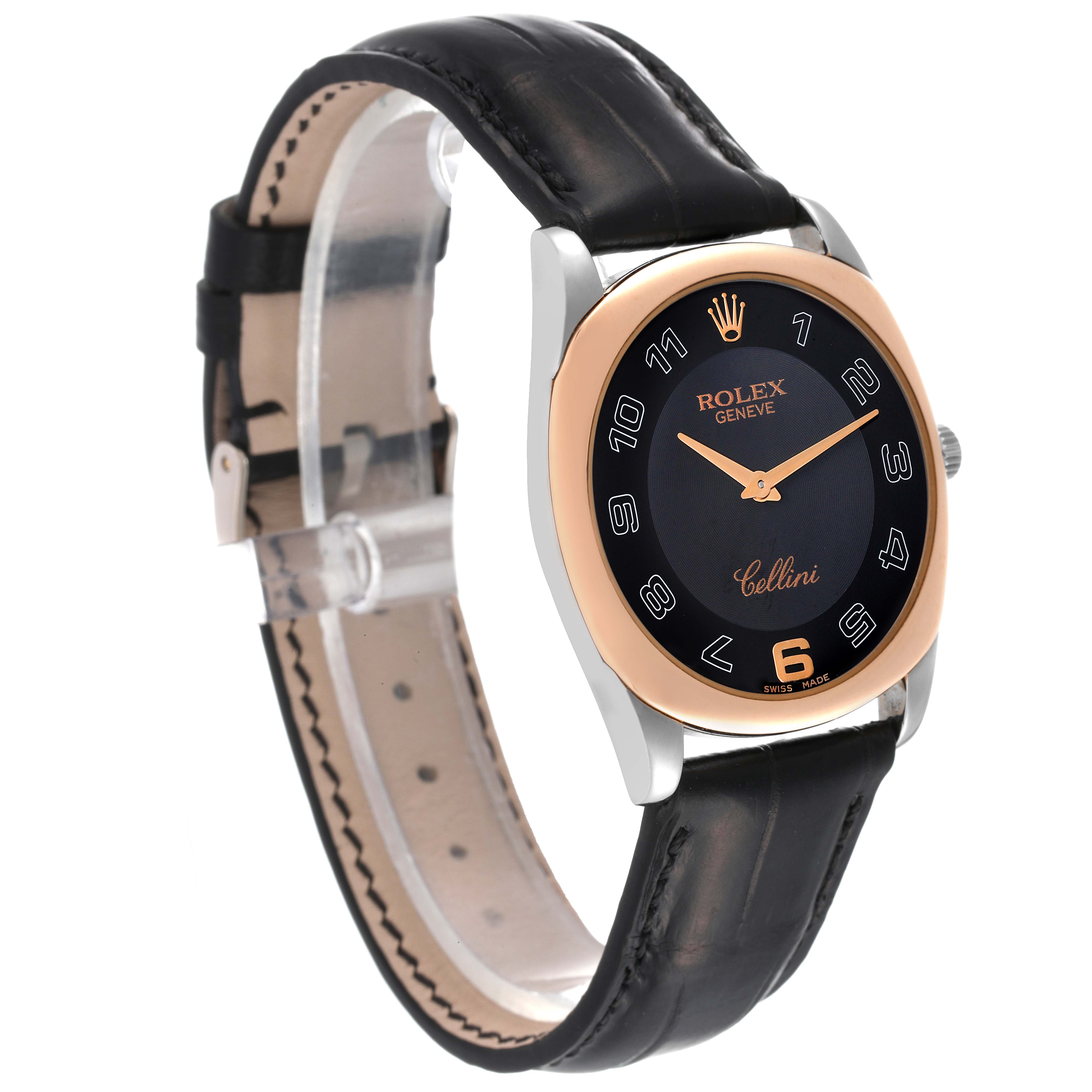 The Rolex Cellini 4233 Men's Steel and Gold (two tone) Black Dial 4233 Men's Steel and Gold (two tone) Black Dial watch is shown at a three-quarter angle, displaying its face, casing, and black leather strap.