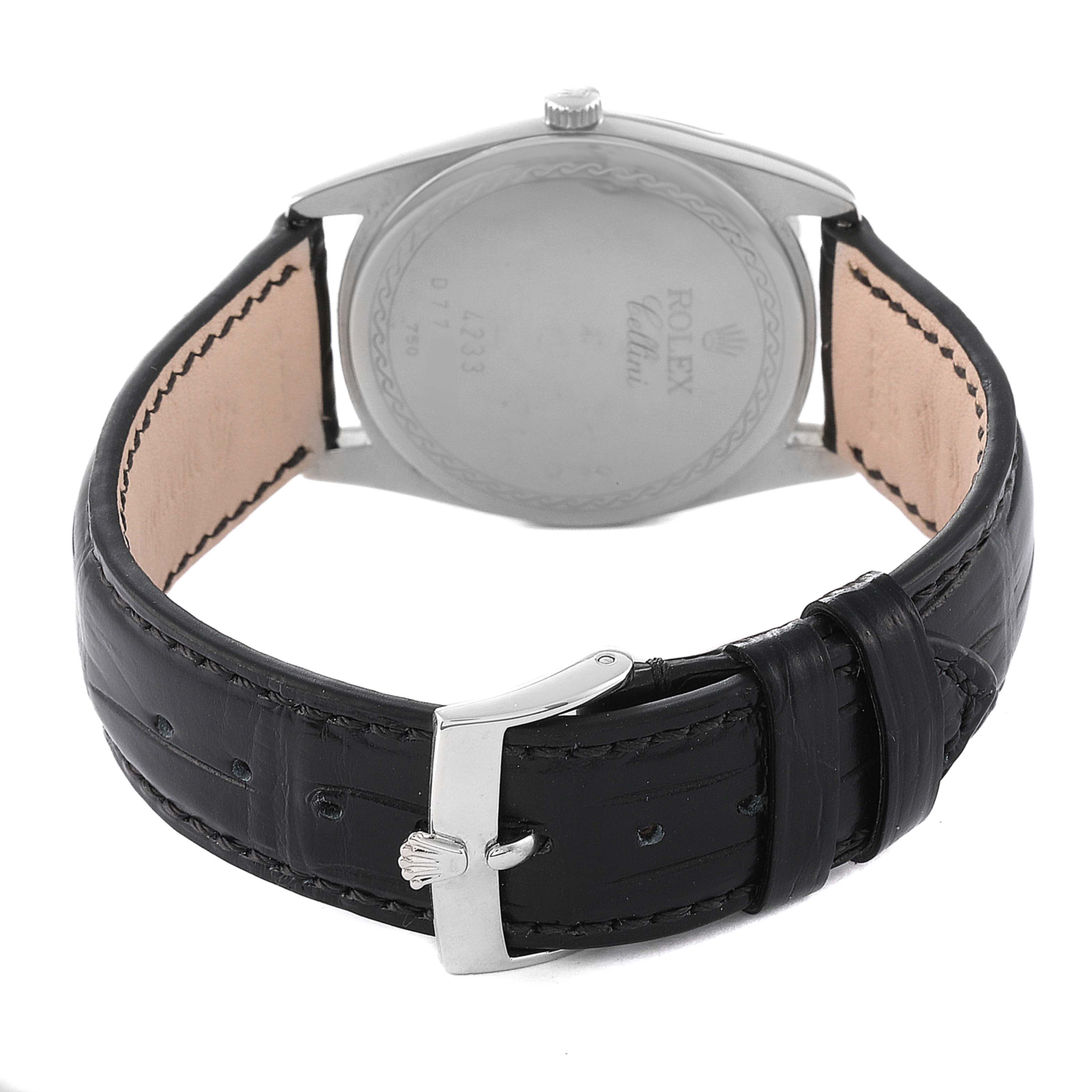 The image shows the back view of a Rolex Cellini 4233 Men's Steel and Gold (two tone) Black Dial 4233 Men's Steel and Gold (two tone) Black Dial watch, highlighting the case back and black leather strap with buckle.