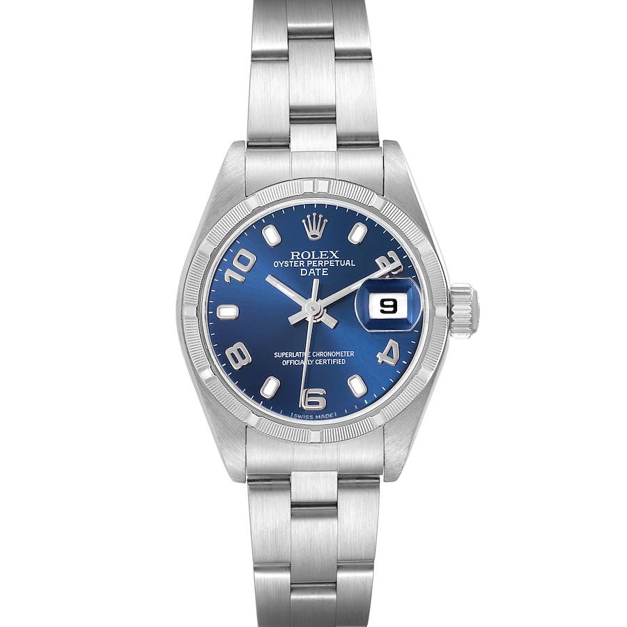 The Rolex Date model is shown from the front, displaying the dial, bezel, and bracelet.