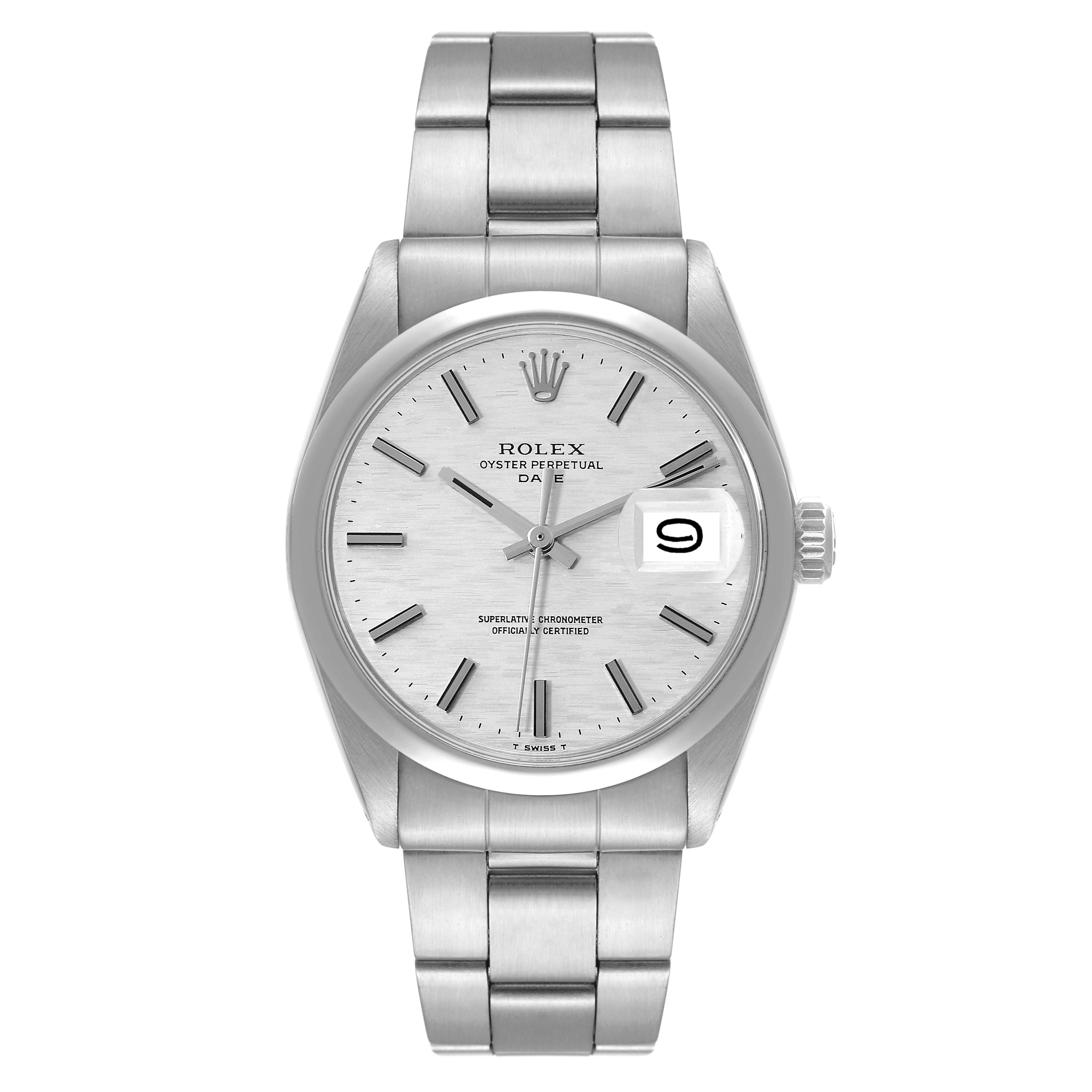 The image shows a front view of a Rolex Date 1500 Men
s Stainless Steel Silver Dial 1500 Men
s Stainless Steel Silver Dial model watch, including its dial, bracelet, and crown.