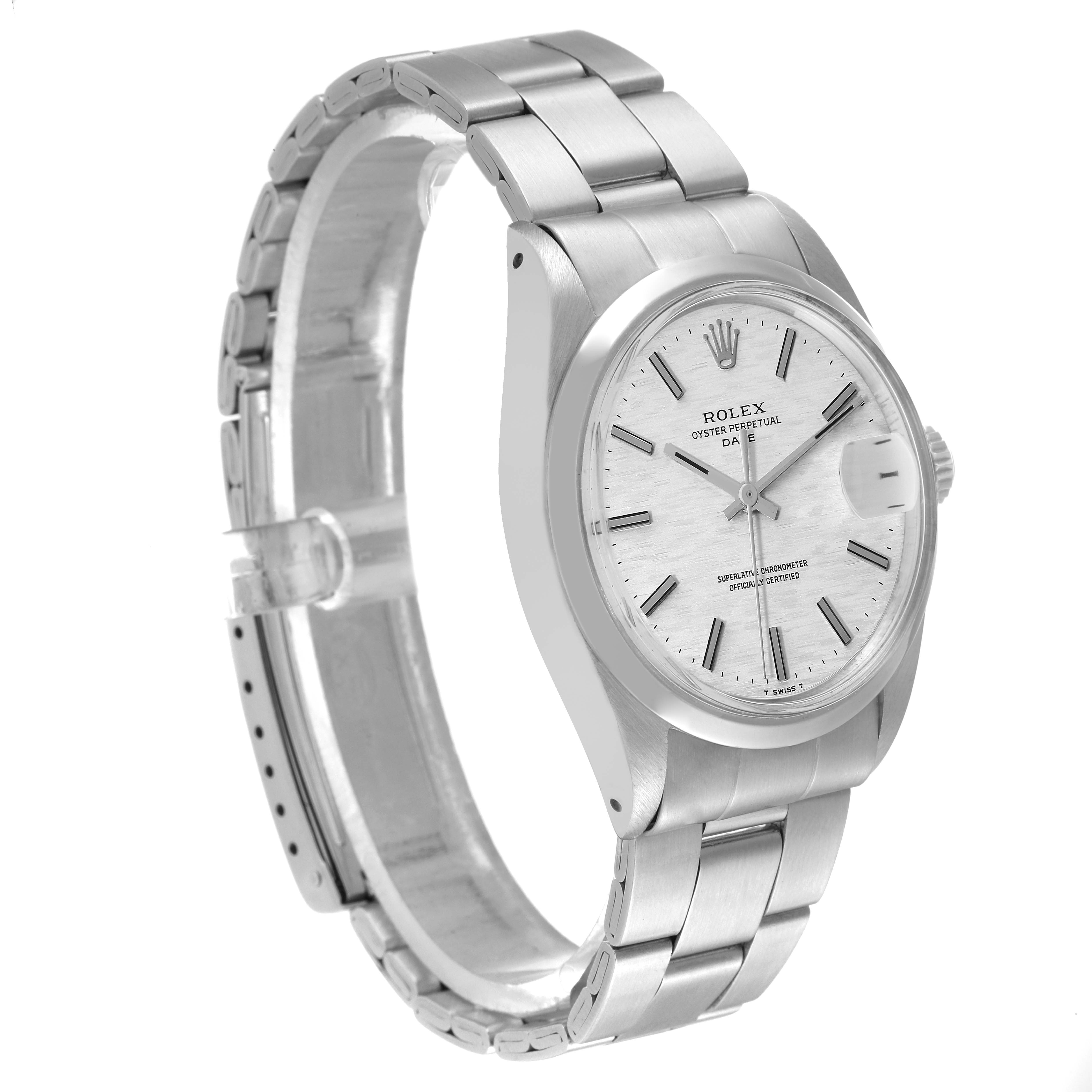 The image shows a Rolex Date 1500 Men
s Stainless Steel Silver Dial 1500 Men
s Stainless Steel Silver Dial model watch at a slight side angle, displaying its dial, case, and bracelet.