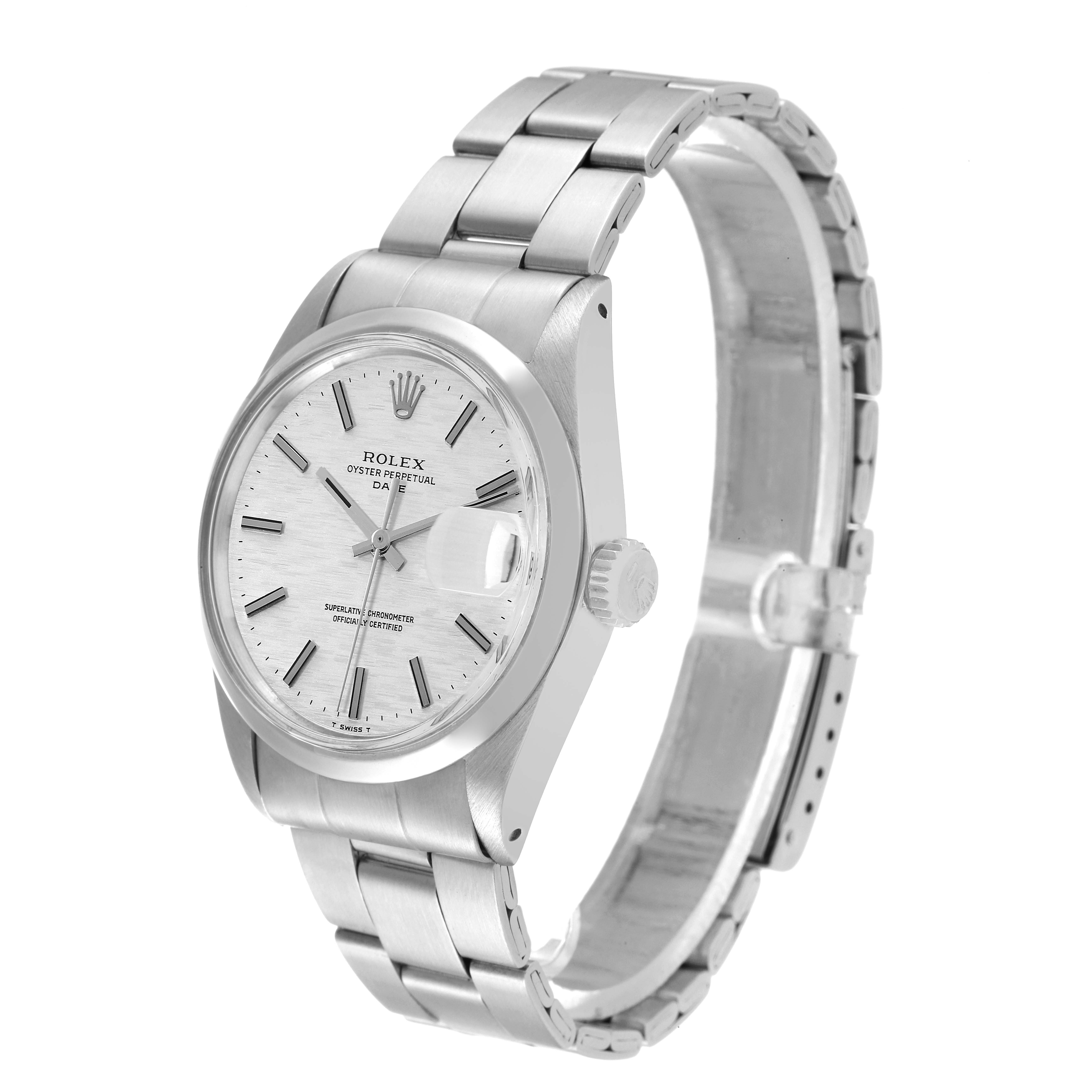This image shows a Rolex Date 1500 Men
s Stainless Steel Silver Dial 1500 Men
s Stainless Steel Silver Dial model watch at a slight angle, highlighting its face, crown, and bracelet.