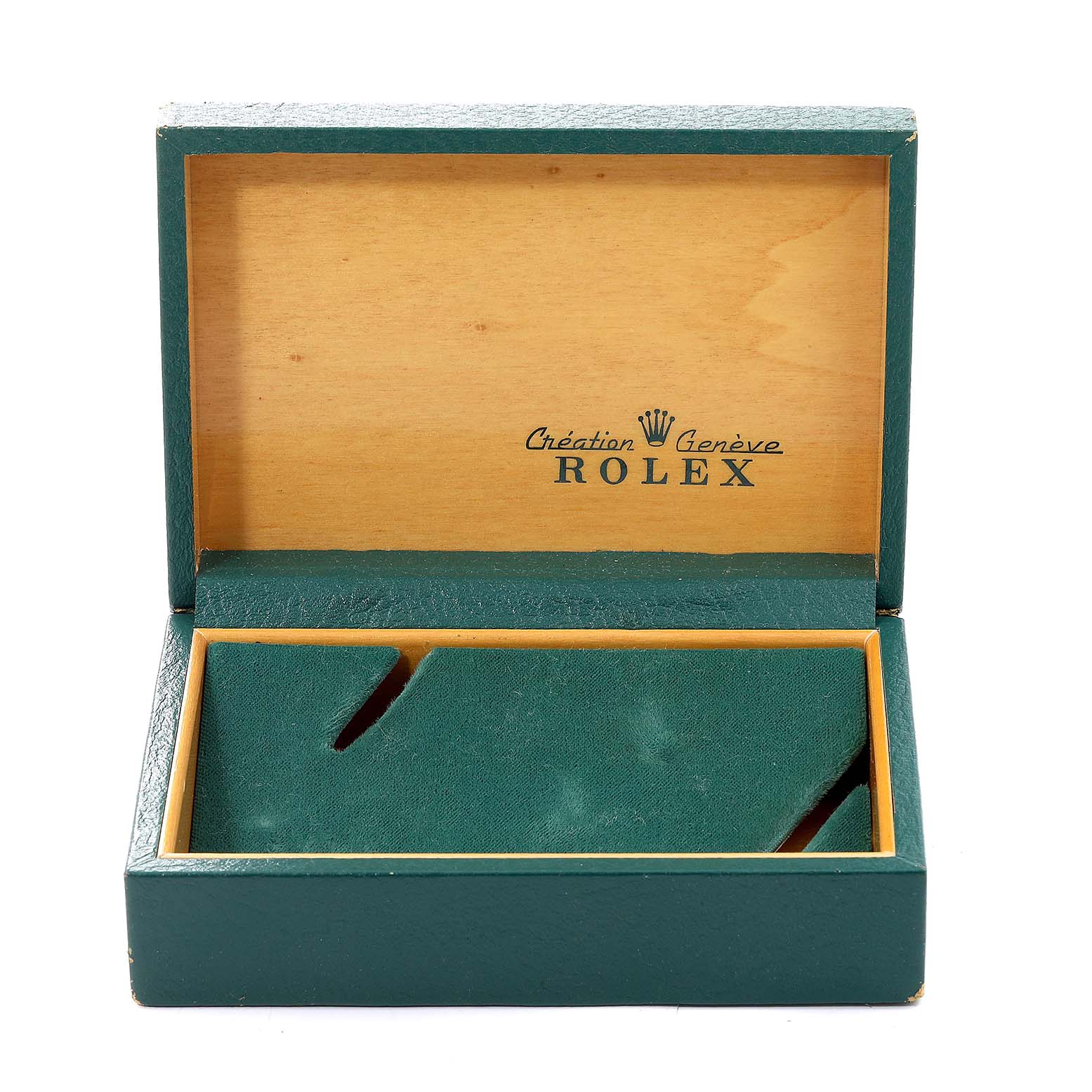 This image shows an open green Rolex box for the Date model, emphasizing the interior compartments and lined lid.