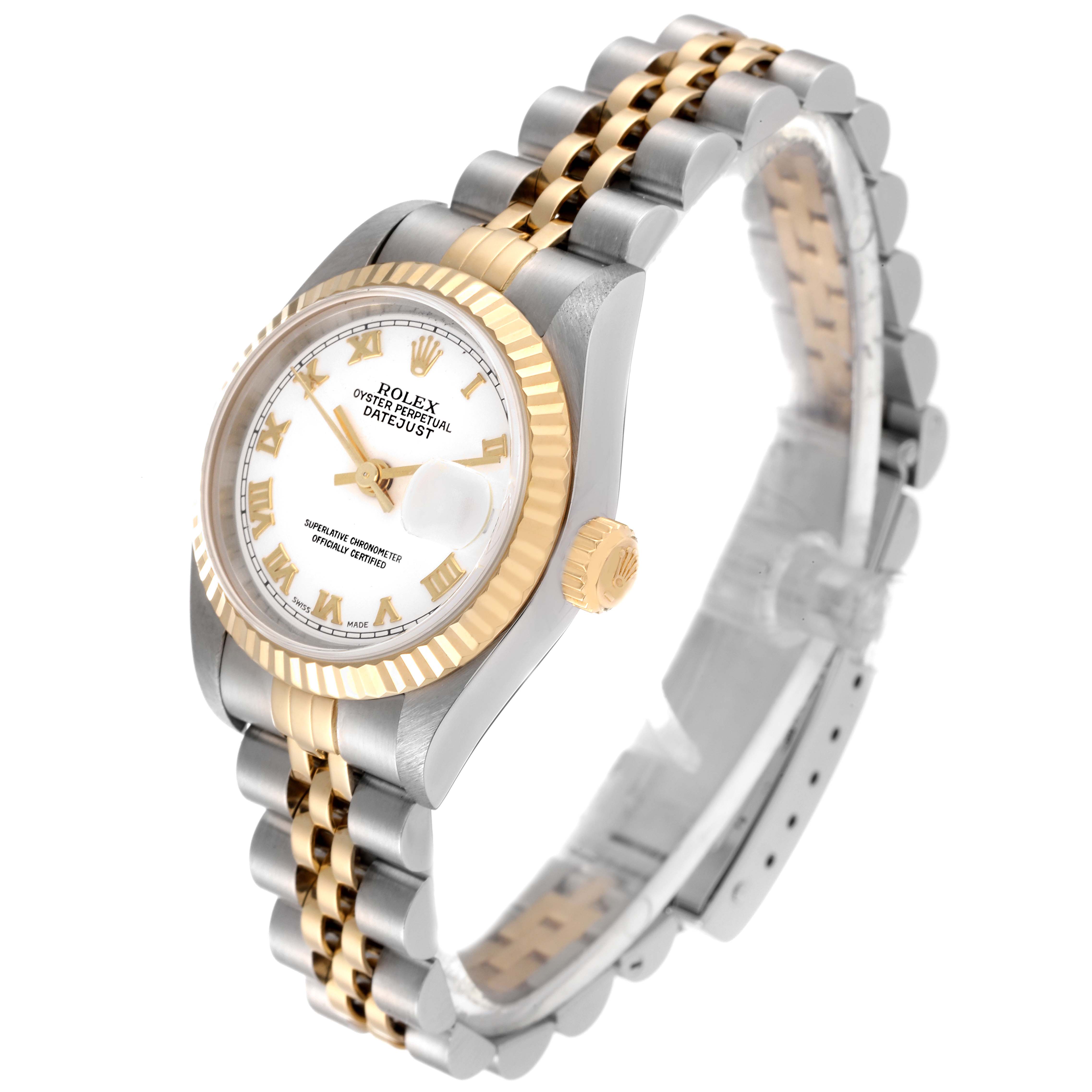 The image shows a Rolex Datejust 79173 Women's Steel and Gold (two tone) White Dial 79173 Women's Steel and Gold (two tone) White Dial watch at a slight angle, highlighting the face, fluted bezel, crown, and two-tone bracelet.