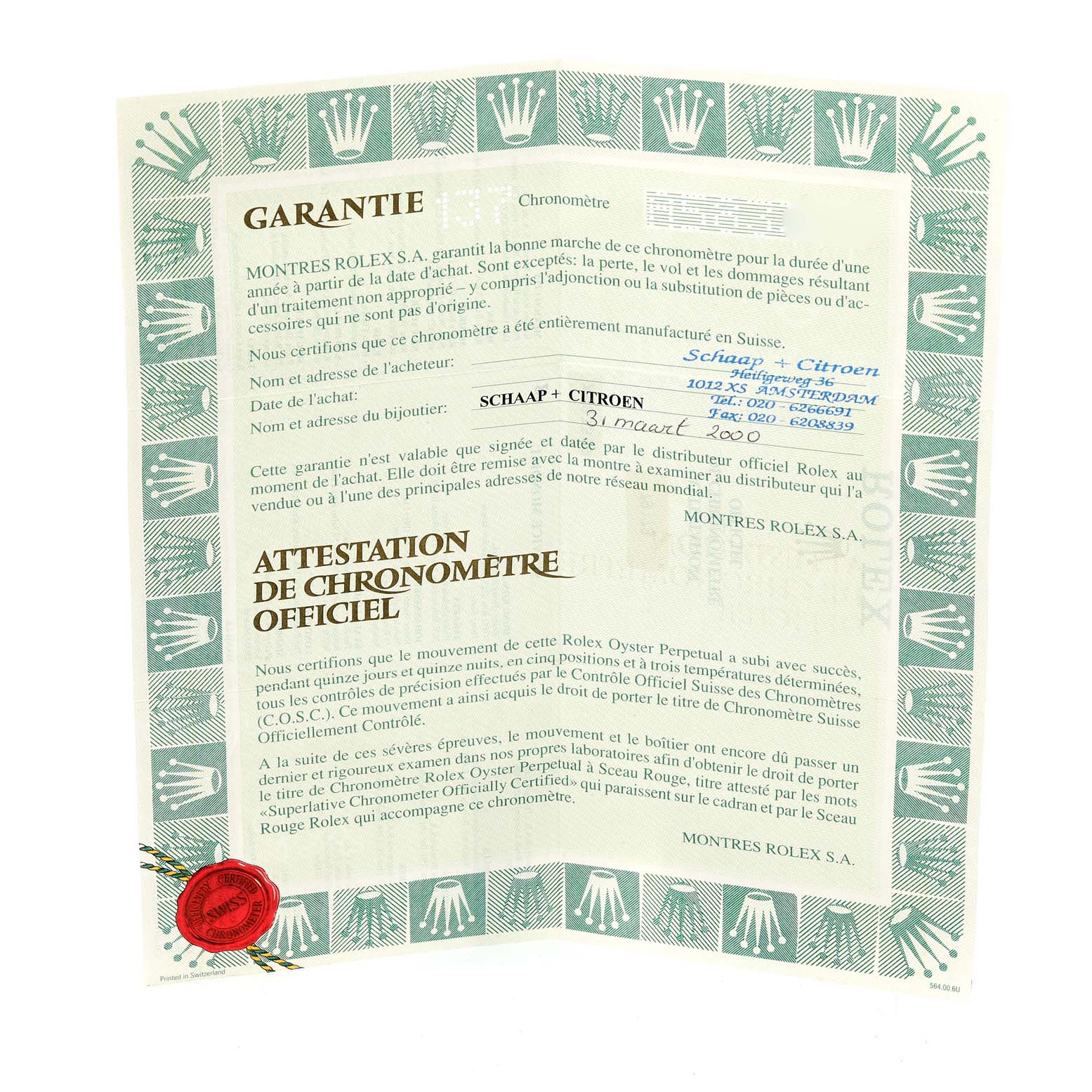 The image shows a warranty certificate and official chronometer certification for a Rolex Datejust 79173 Women's Steel and Gold (two tone) White Dial 79173 Women's Steel and Gold (two tone) White Dial watch.