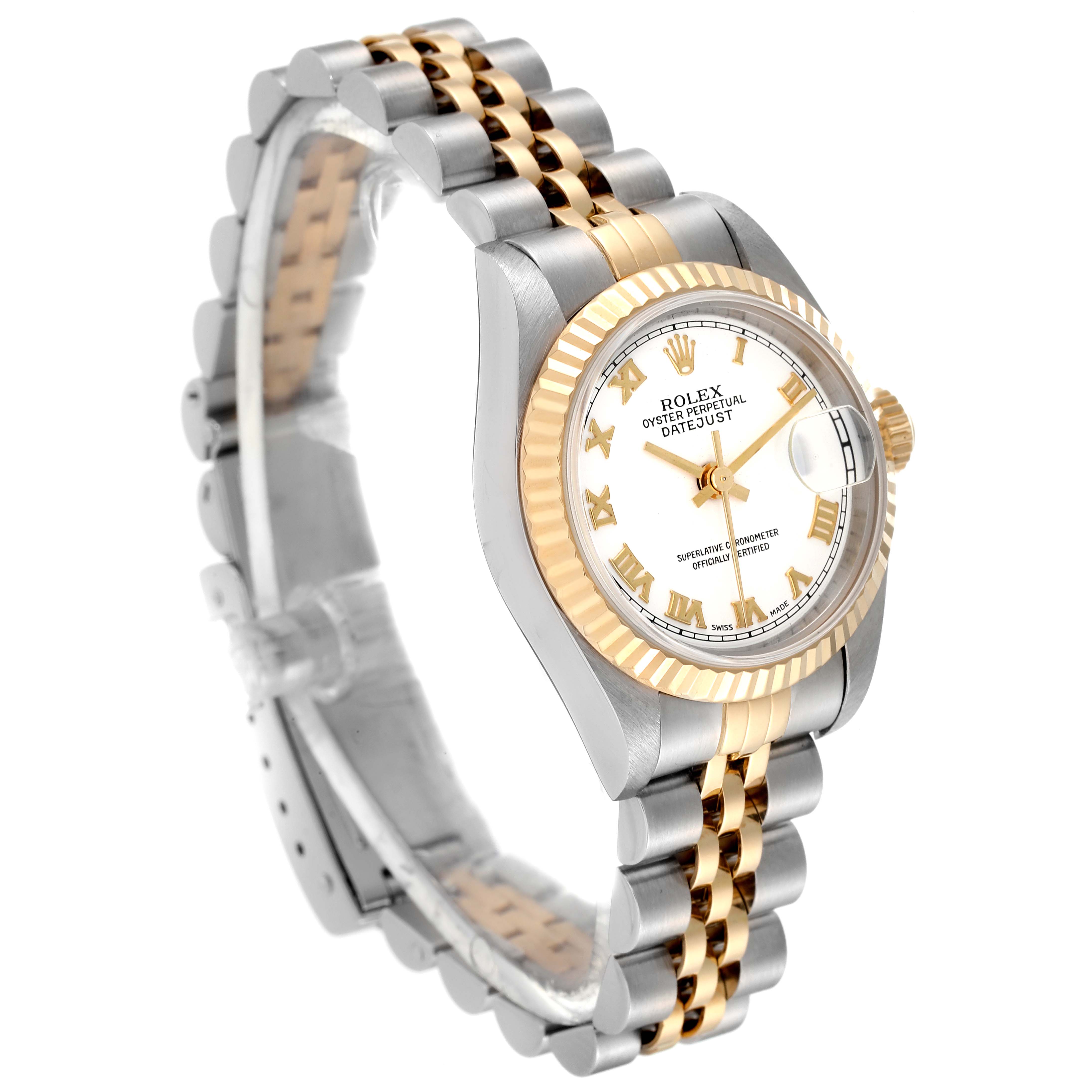 The Rolex Datejust 79173 Women's Steel and Gold (two tone) White Dial 79173 Women's Steel and Gold (two tone) White Dial watch is shown at an angle displaying the face, two-tone bracelet, case, bezel, and crown.