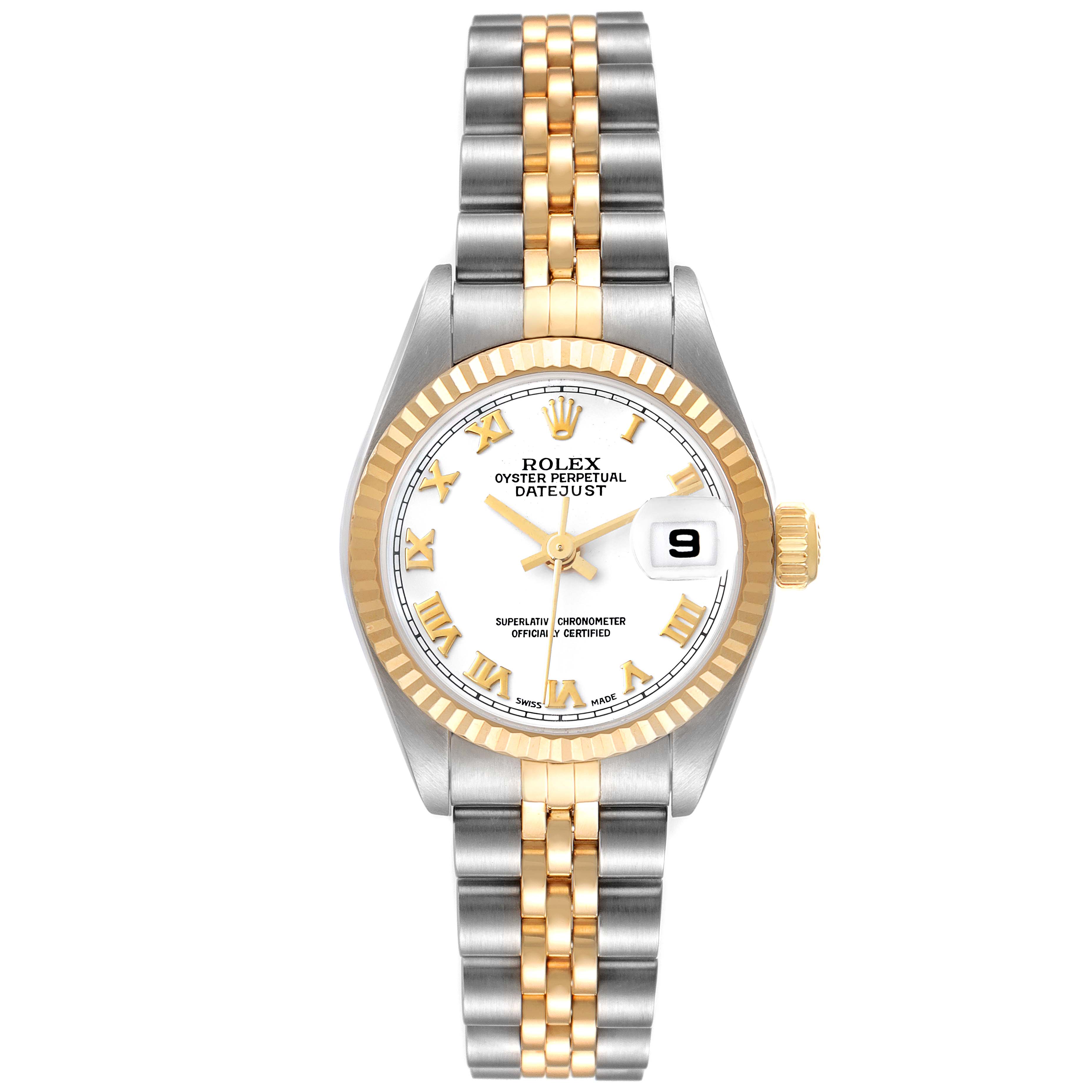 This Rolex Datejust 79173 Women's Steel and Gold (two tone) White Dial 79173 Women's Steel and Gold (two tone) White Dial watch is shown from the front, displaying the dial, bezel, crown, and two-tone bracelet.