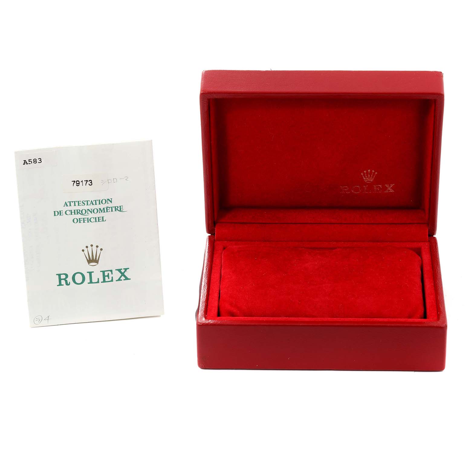 This image shows an open Rolex Datejust 79173 Women's Steel and Gold (two tone) White Dial 79173 Women's Steel and Gold (two tone) White Dial watch box and a Rolex attestation document.