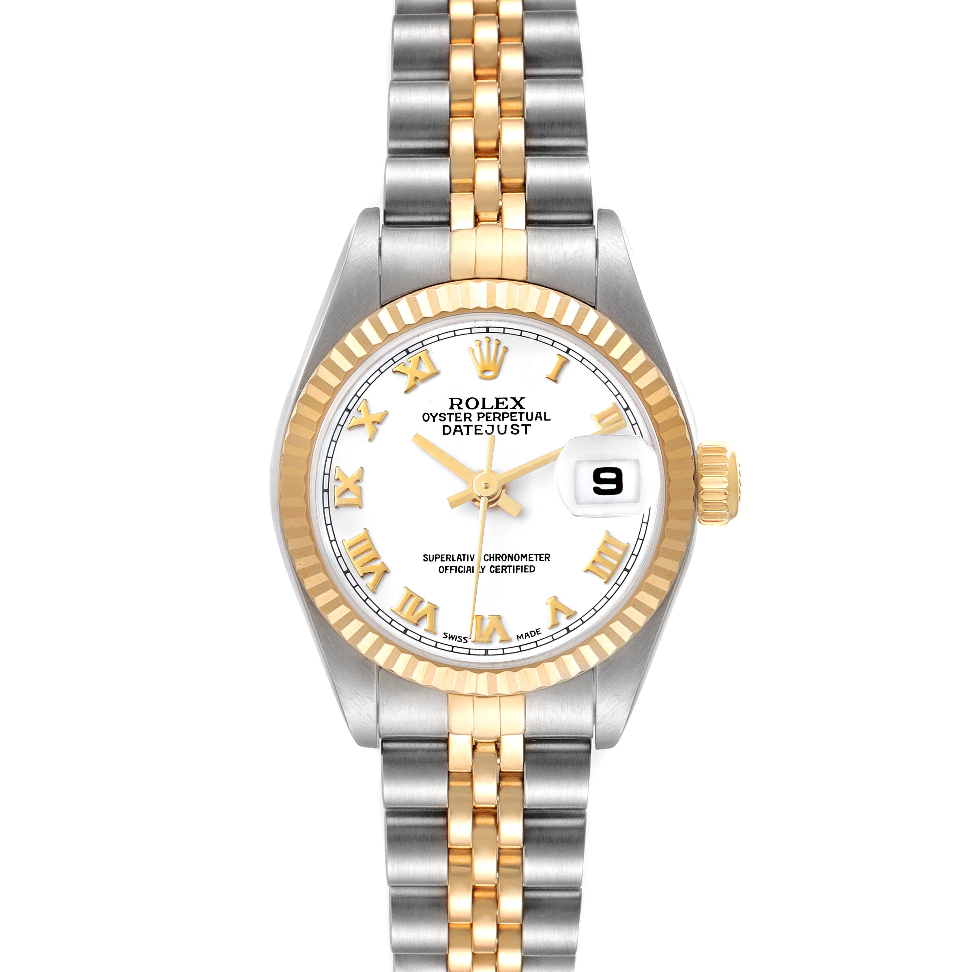 This image shows a Rolex Datejust 79173 Women's Steel and Gold (two tone) White Dial 79173 Women's Steel and Gold (two tone) White Dial watch from a front angle, featuring its bezel, dial, hands, bracelet, and date display.