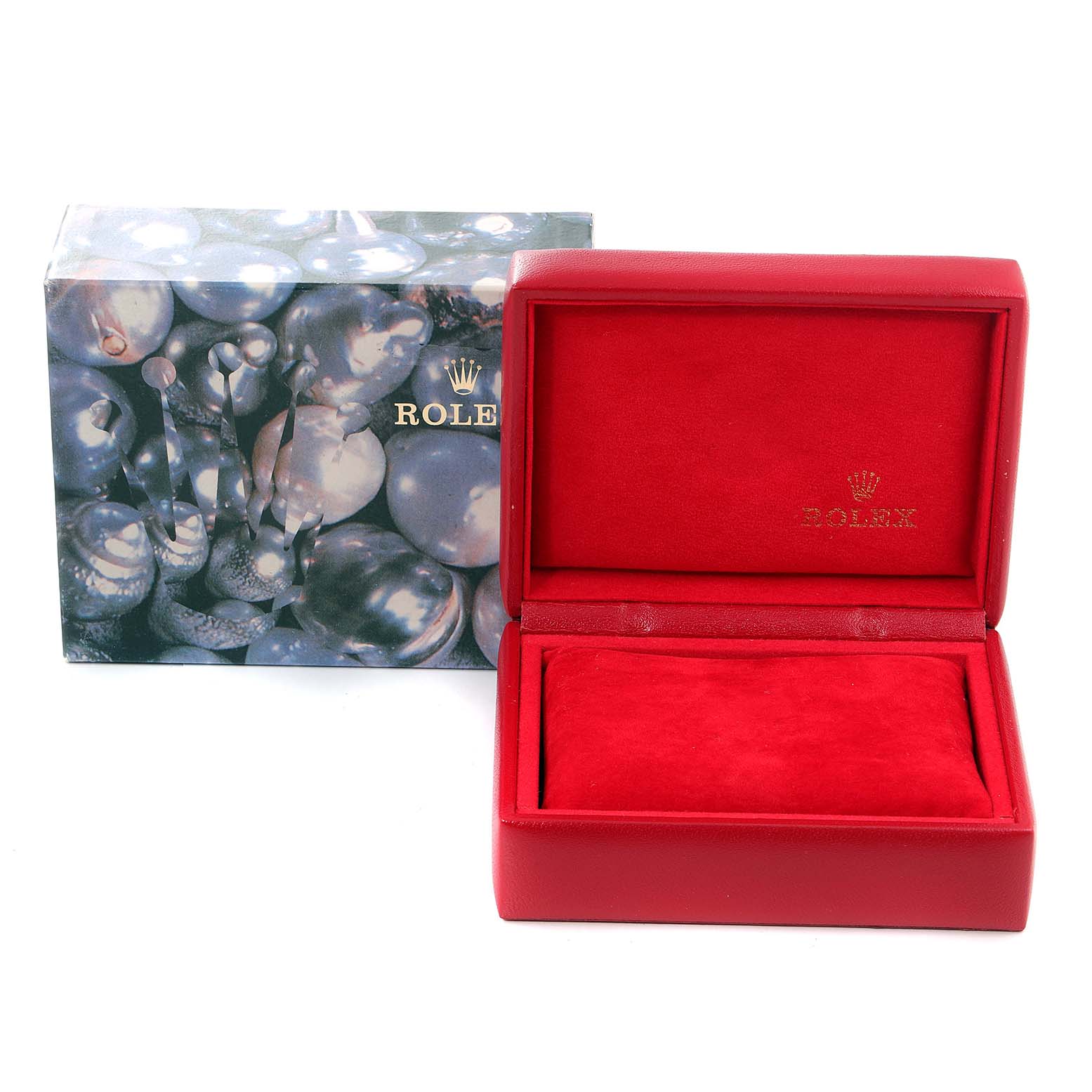 The image shows a Rolex Datejust 69173 Women
s Steel and Gold (two tone) Champagne Dial 69173 Women
s Steel and Gold (two tone) Champagne Dial watch box, featuring a red interior with the Rolex logo and an outer decorative sleeve.