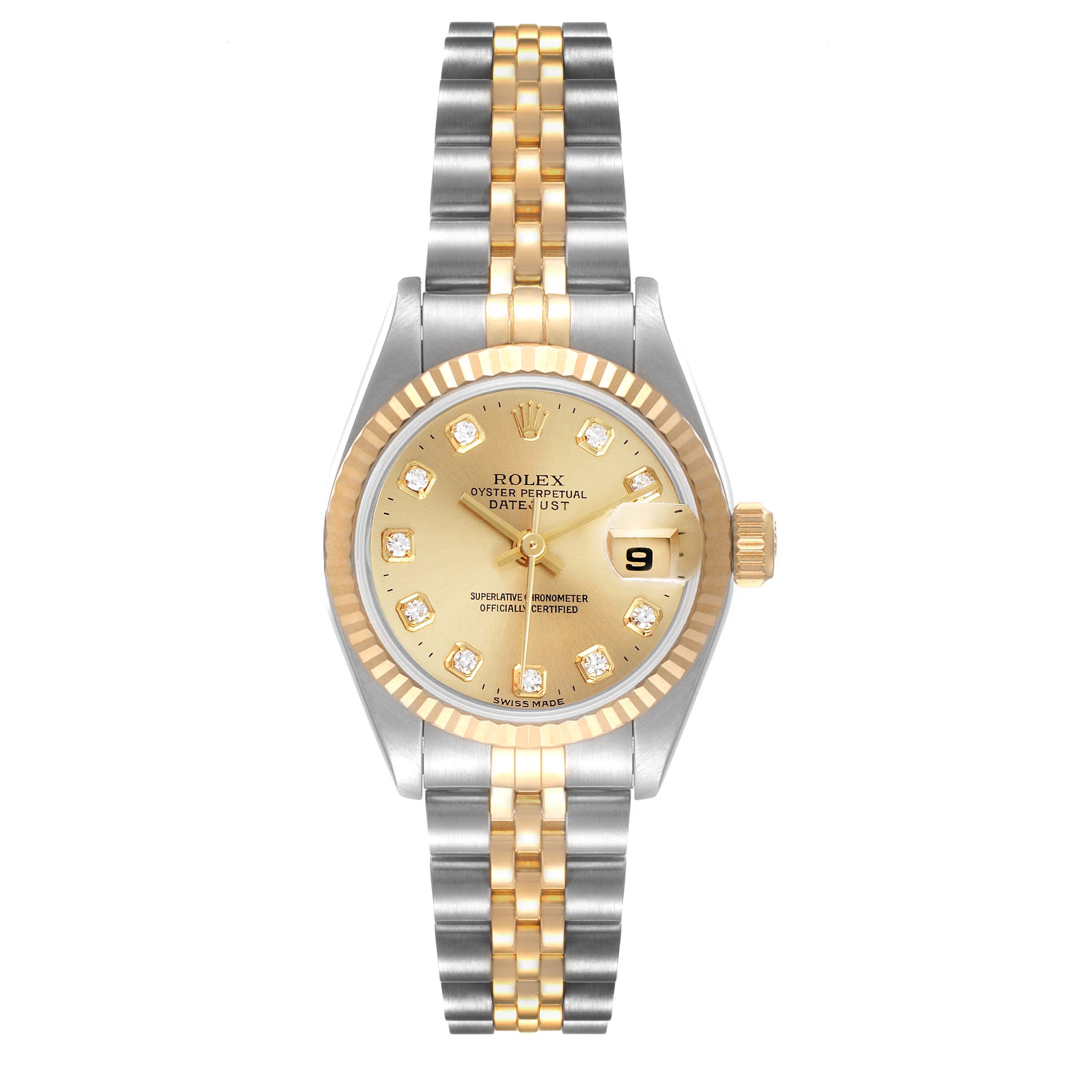 This image shows a Rolex Datejust 69173 Women
s Steel and Gold (two tone) Champagne Dial 69173 Women
s Steel and Gold (two tone) Champagne Dial watch from a top-down angle, highlighting its dial, bezel, and bracelet.