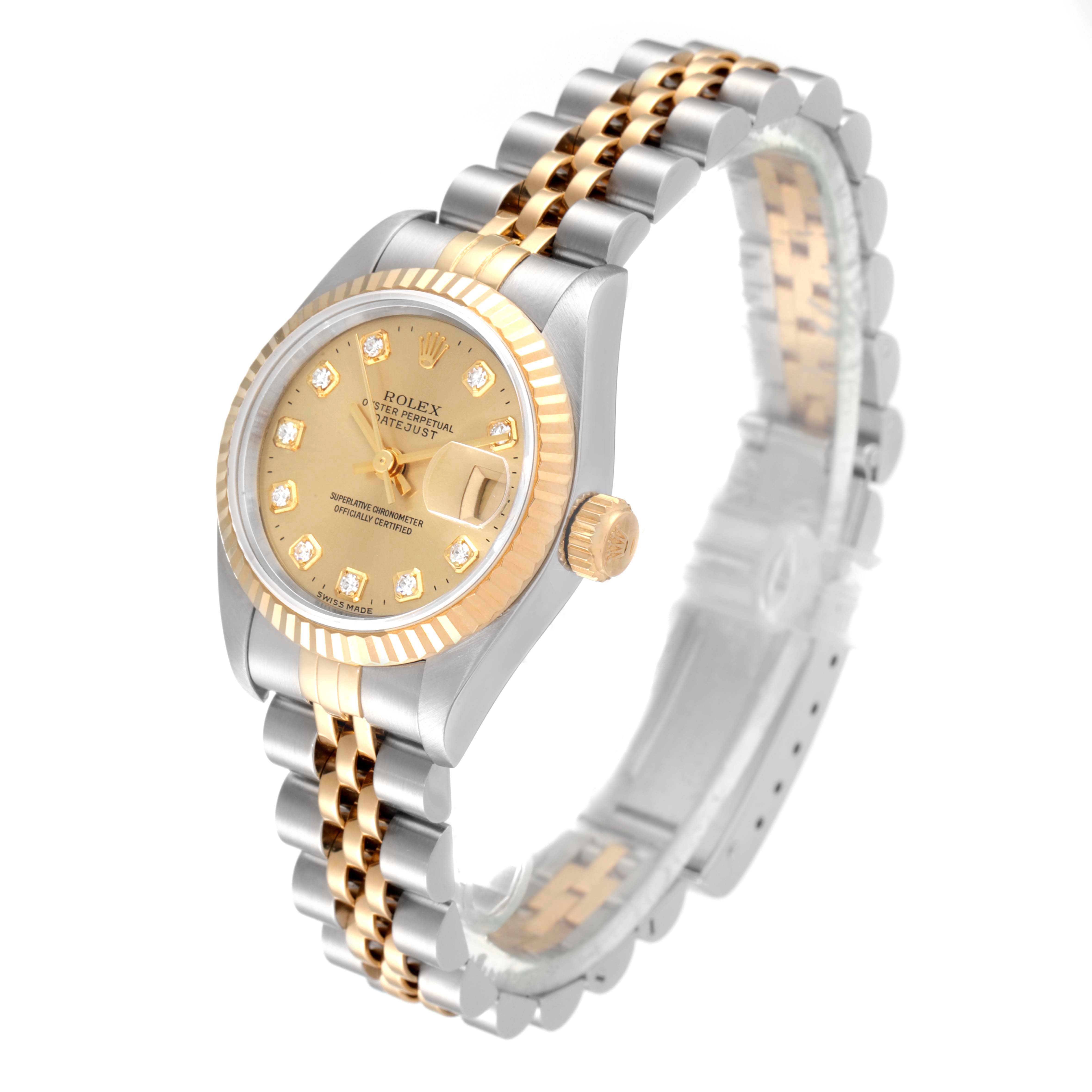 The image shows a Rolex Datejust 69173 Women
s Steel and Gold (two tone) Champagne Dial 69173 Women
s Steel and Gold (two tone) Champagne Dial watch at a three-quarter angle, highlighting the face, bezel, crown, and bracelet.