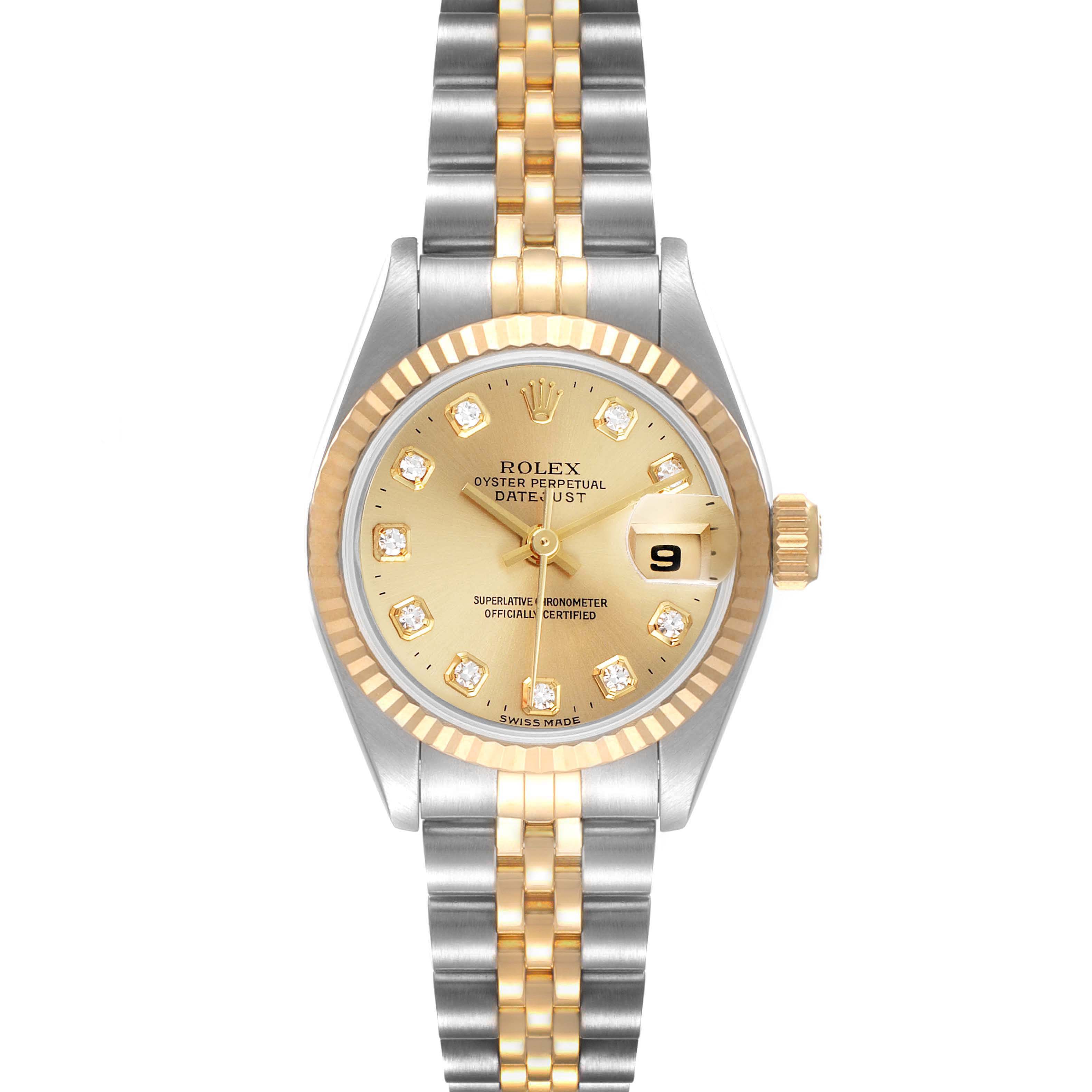 The image shows a frontal view of the Rolex Datejust 69173 Women
s Steel and Gold (two tone) Champagne Dial 69173 Women
s Steel and Gold (two tone) Champagne Dial watch, displaying its face, bezel, and bicolor metal bracelet.