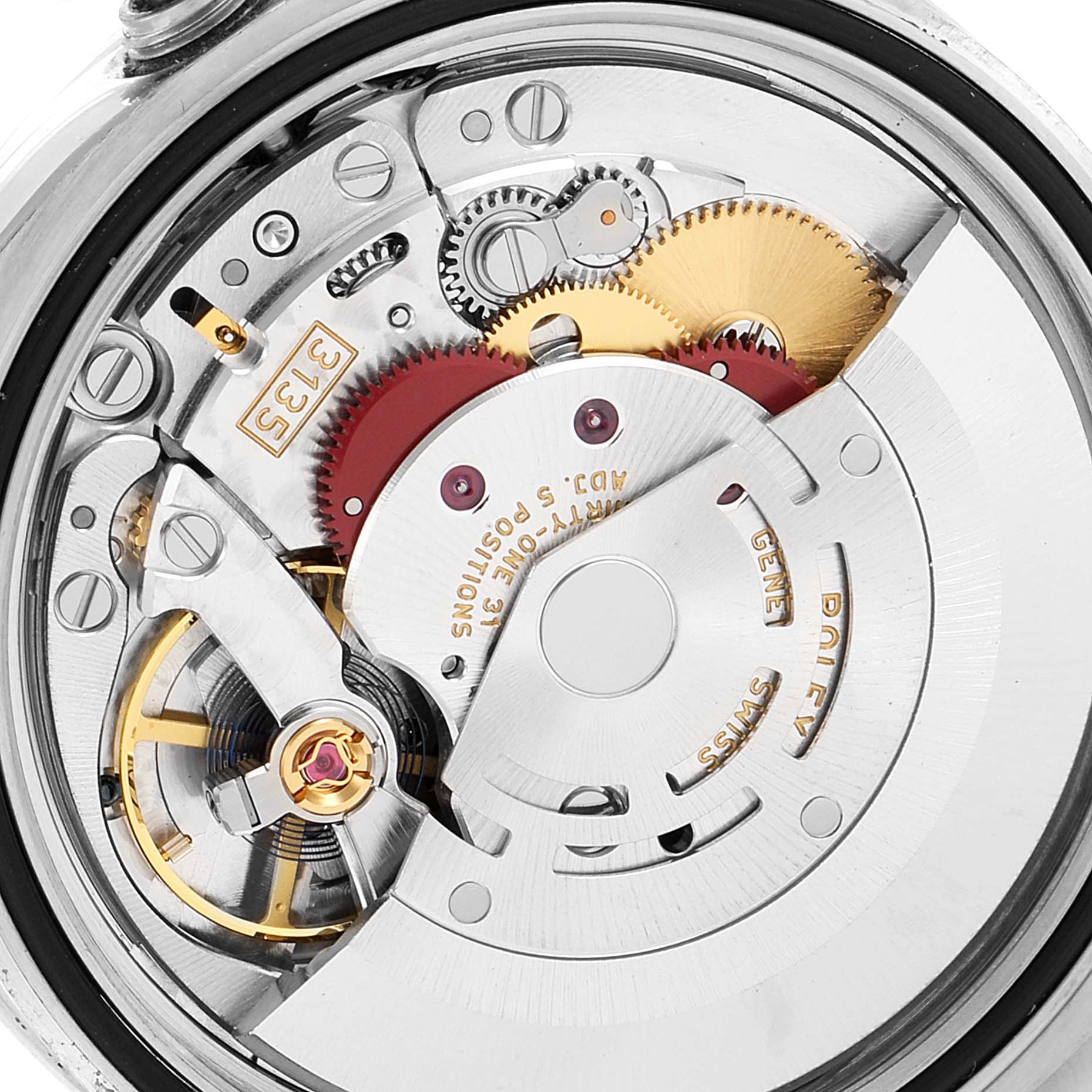 This image shows a close-up view of the movement and internal mechanics of a Rolex Datejust 116243 Men
s Steel and Gold (two tone) Champagne Dial 116243 Men
s Steel and Gold (two tone) Champagne Dial watch.