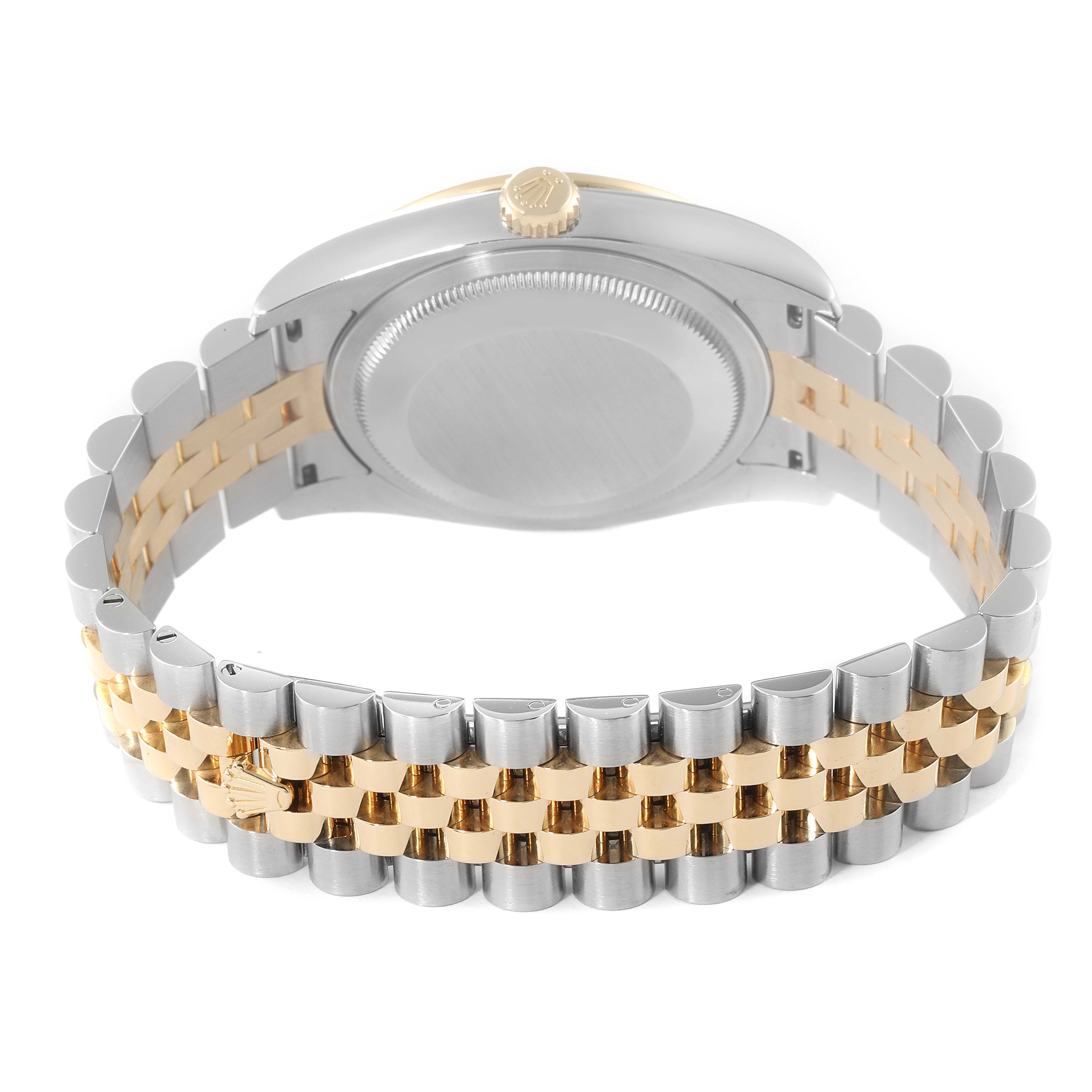 The image shows the back and bracelet of a Rolex Datejust 116243 Men
s Steel and Gold (two tone) Champagne Dial 116243 Men
s Steel and Gold (two tone) Champagne Dial watch, highlighting the two-tone metal design.