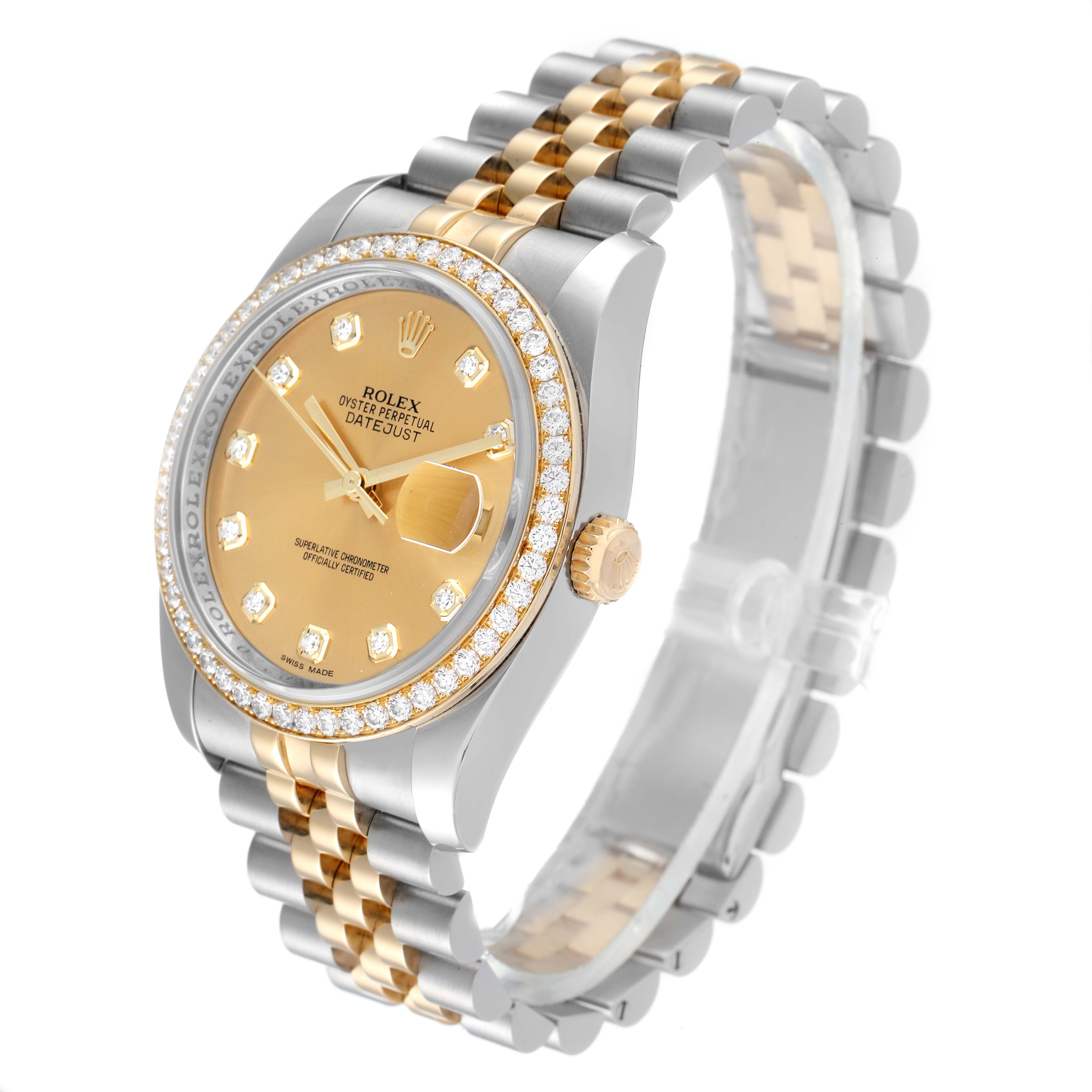 This image shows a Rolex Datejust 116243 Men
s Steel and Gold (two tone) Champagne Dial 116243 Men
s Steel and Gold (two tone) Champagne Dial watch from a front-angle, highlighting the dial, bezel, crown, and two-tone bracelet.
