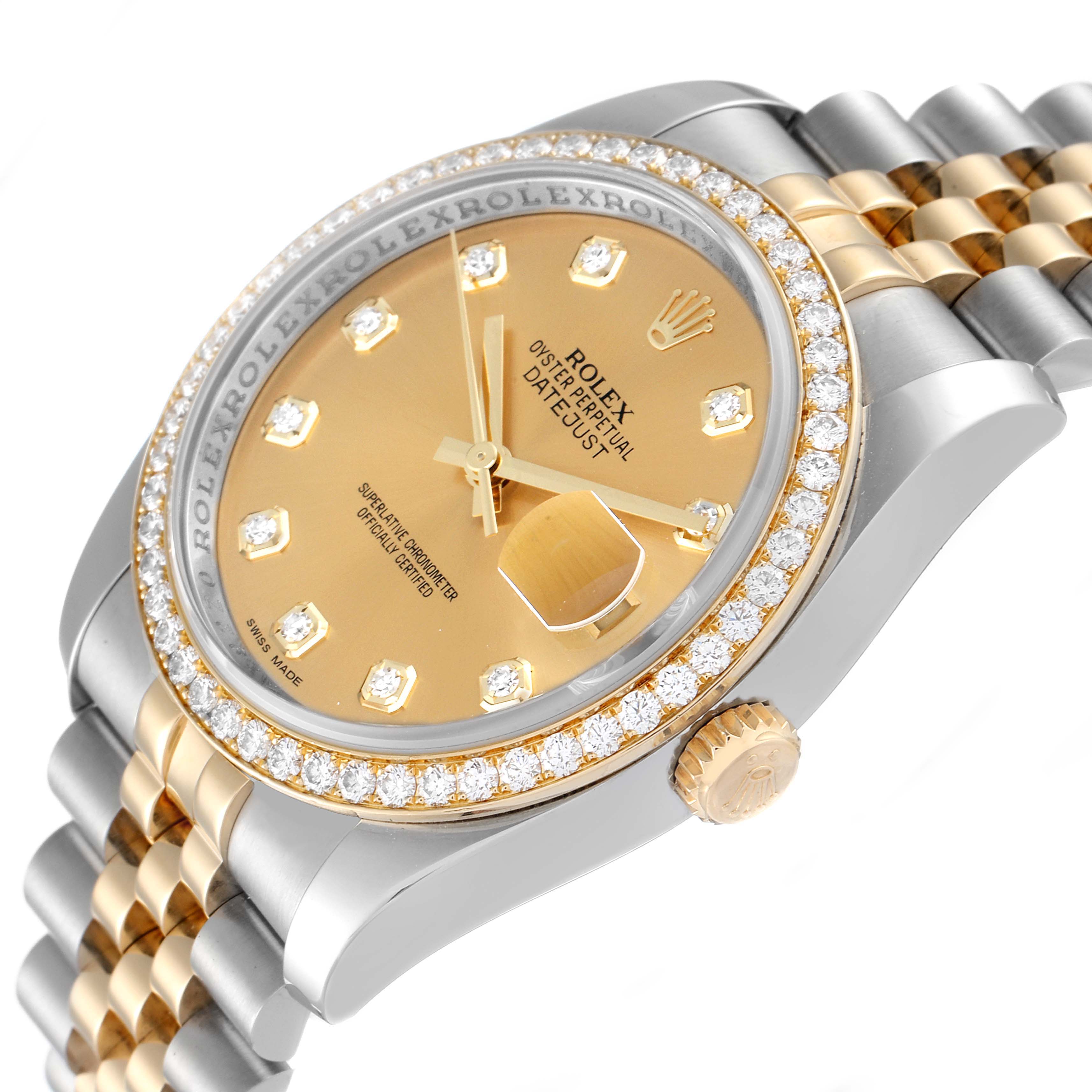 The image shows a close-up angle of a Rolex Datejust 116243 Men
s Steel and Gold (two tone) Champagne Dial 116243 Men
s Steel and Gold (two tone) Champagne Dial watch, displaying its gold dial, diamond bezel, and two-tone bracelet.