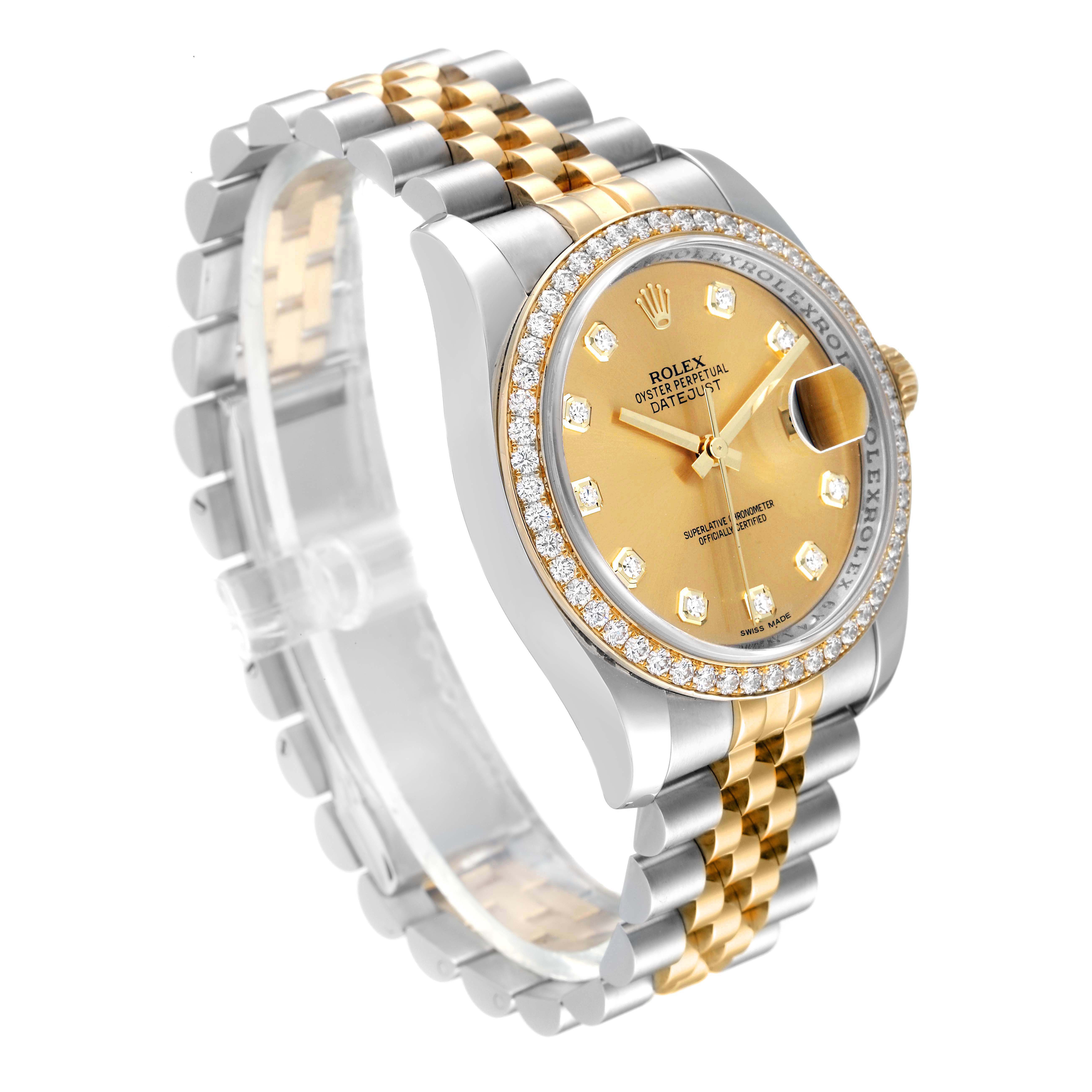 The image shows a Rolex Datejust 116243 Men
s Steel and Gold (two tone) Champagne Dial 116243 Men
s Steel and Gold (two tone) Champagne Dial watch at an angled view, highlighting its bracelet, bezel, and dial.