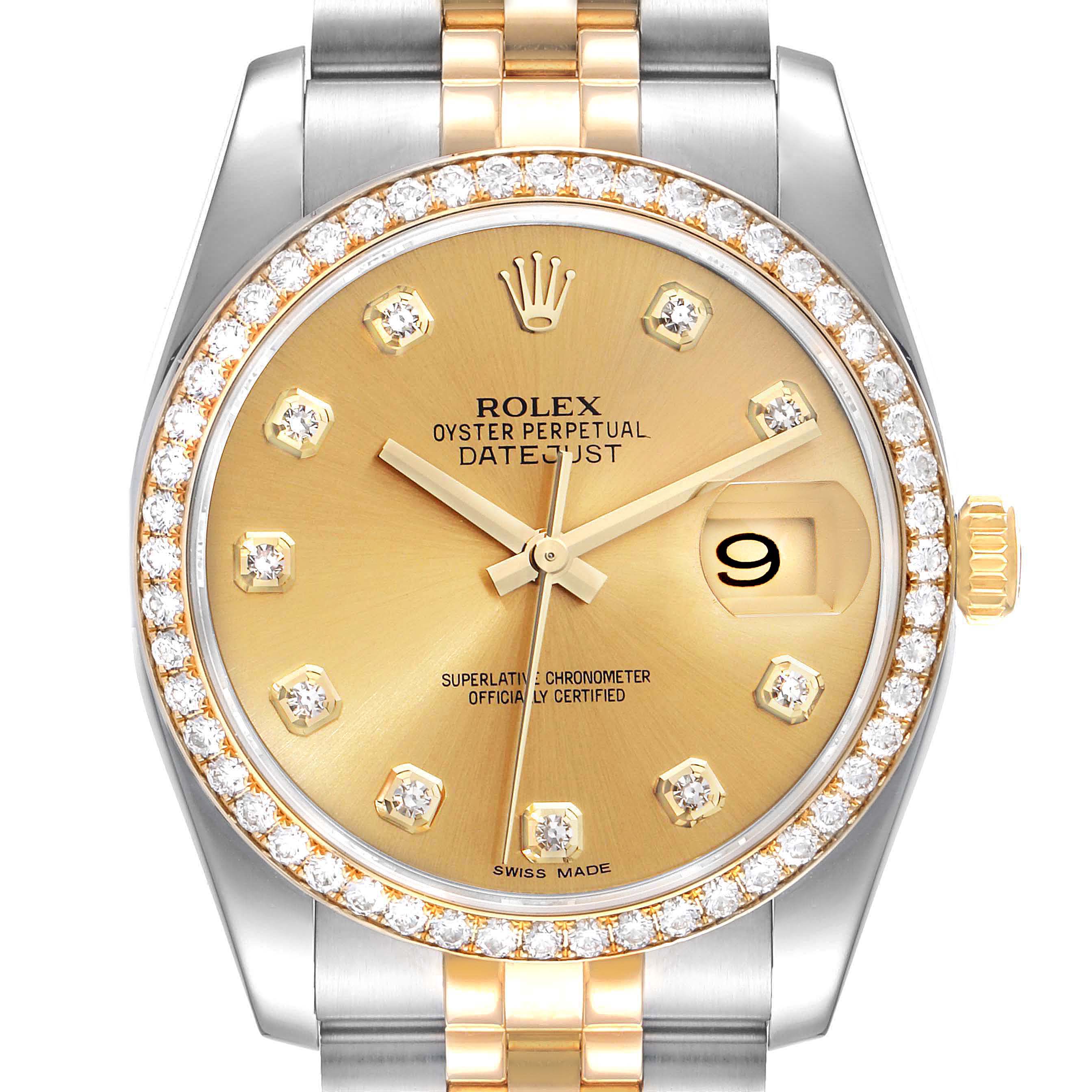 The image shows a front view of a Rolex Datejust 116243 Men
s Steel and Gold (two tone) Champagne Dial 116243 Men
s Steel and Gold (two tone) Champagne Dial watch, highlighting the gold dial, diamond hour markers, and the bezel.