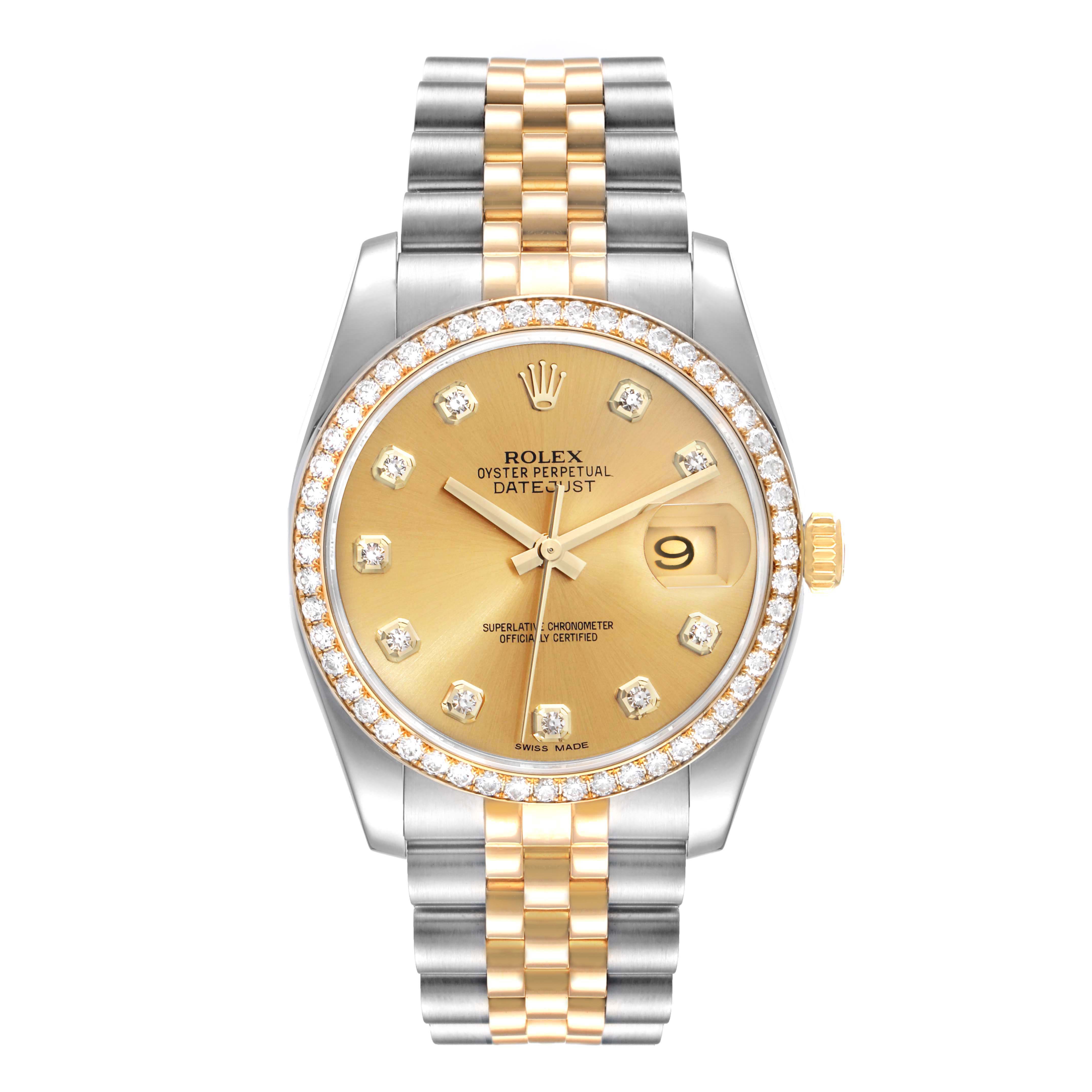 This image shows a frontal view of a Rolex Datejust 116243 Men
s Steel and Gold (two tone) Champagne Dial 116243 Men
s Steel and Gold (two tone) Champagne Dial watch, highlighting its gold dial, diamond hour markers, and two-tone bracelet.