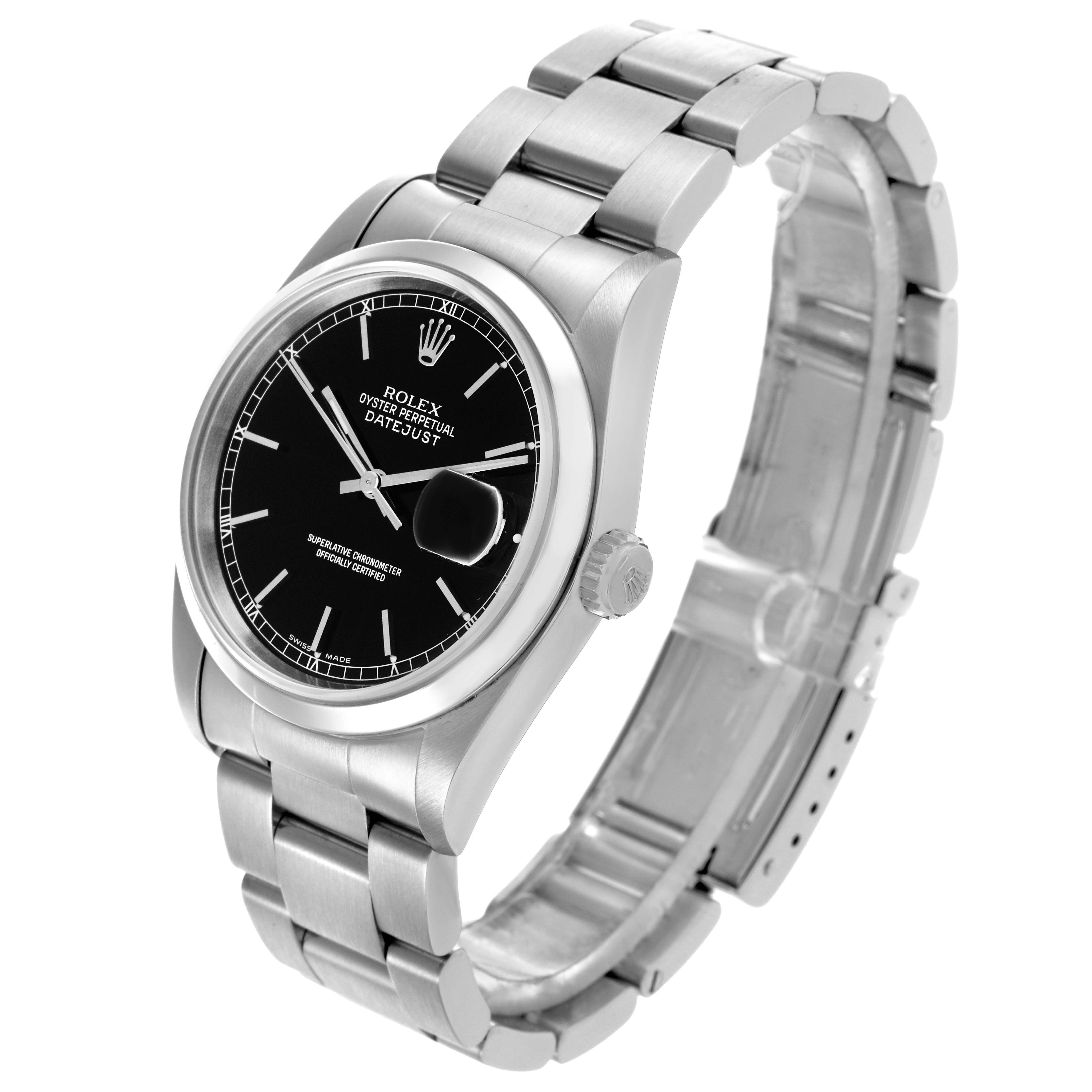The Rolex Datejust 16200 Men
s Stainless Steel Black Dial 16200 Men
s Stainless Steel Black Dial watch is shown at a three-quarter angle, highlighting the face, bezel, and bracelet.