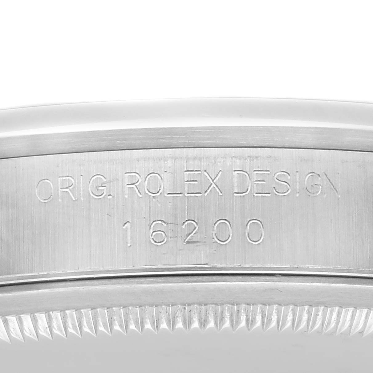 The image shows the side view of a Rolex Datejust 16200 Men
s Stainless Steel Black Dial 16200 Men
s Stainless Steel Black Dial case with the engraved model number 16200.