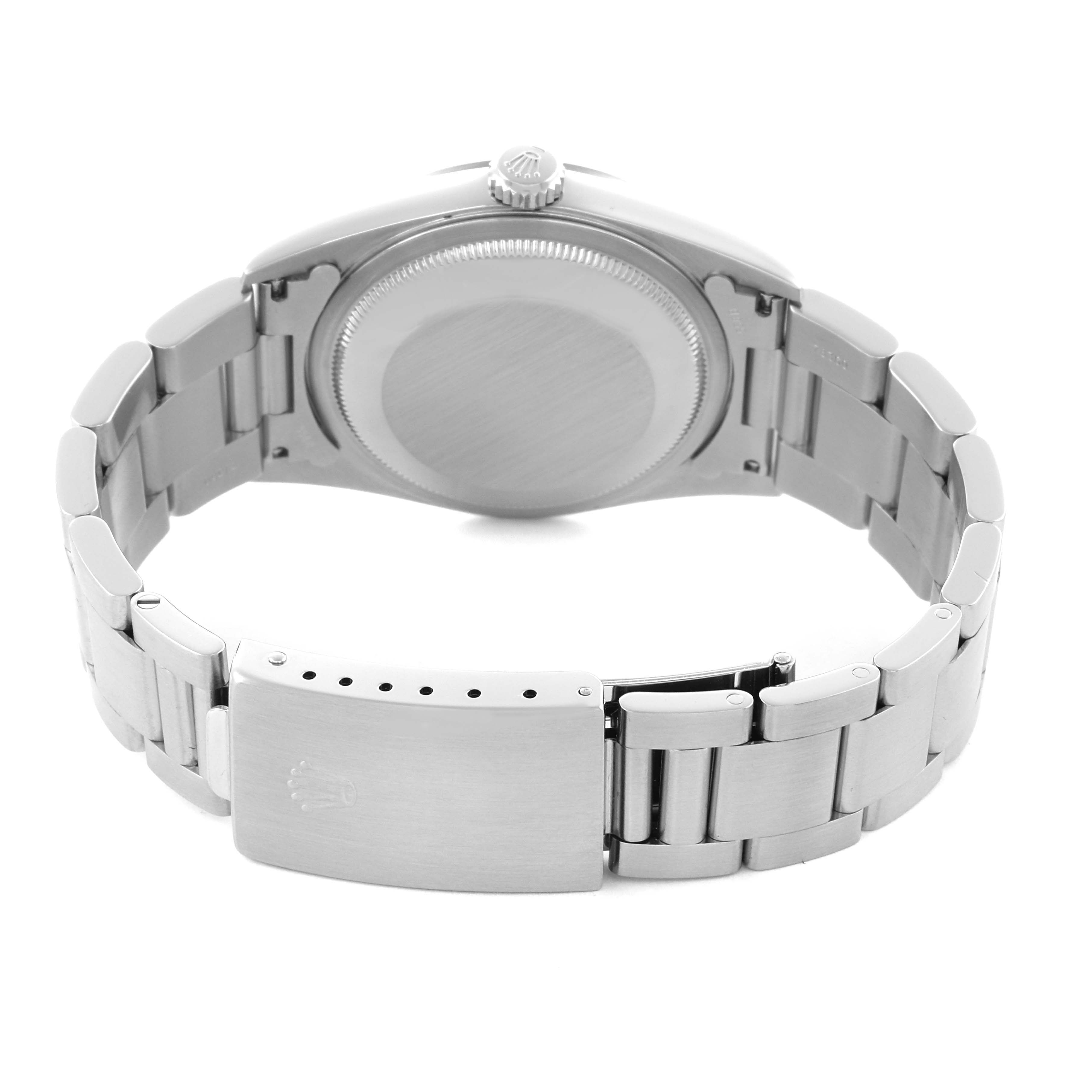 The image shows a rear view of the Rolex Datejust 16200 Men
s Stainless Steel Black Dial 16200 Men
s Stainless Steel Black Dial, focusing on the bracelet and clasp.