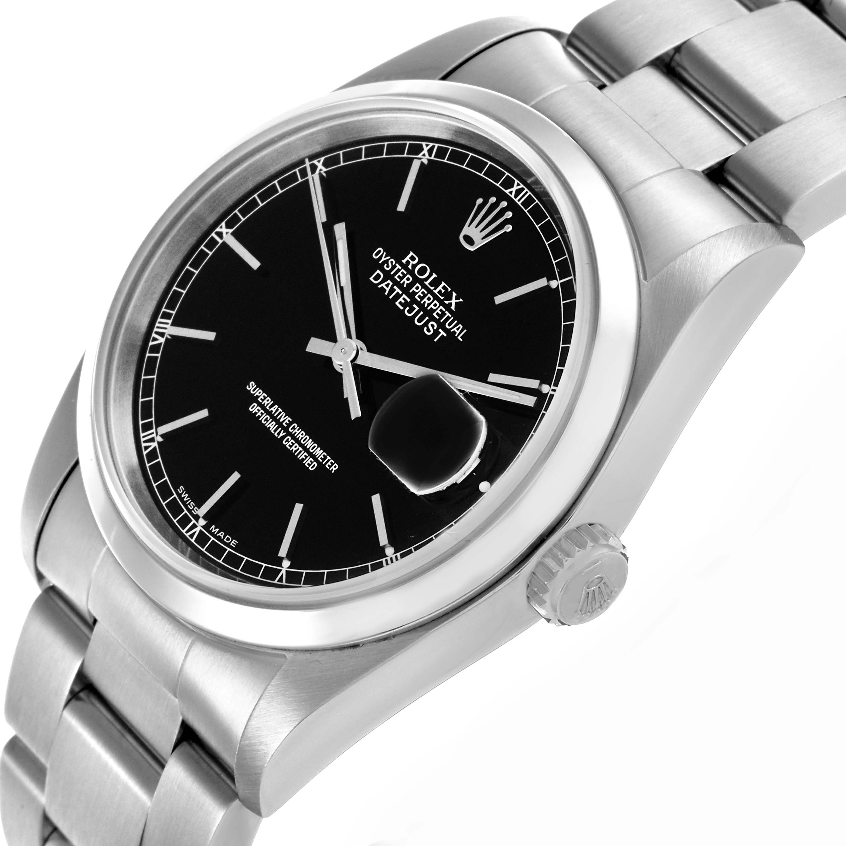 The Rolex Datejust 16200 Men
s Stainless Steel Black Dial 16200 Men
s Stainless Steel Black Dial watch is shown at a three-quarter angle, highlighting its black dial, silver case, and segment of the bracelet.