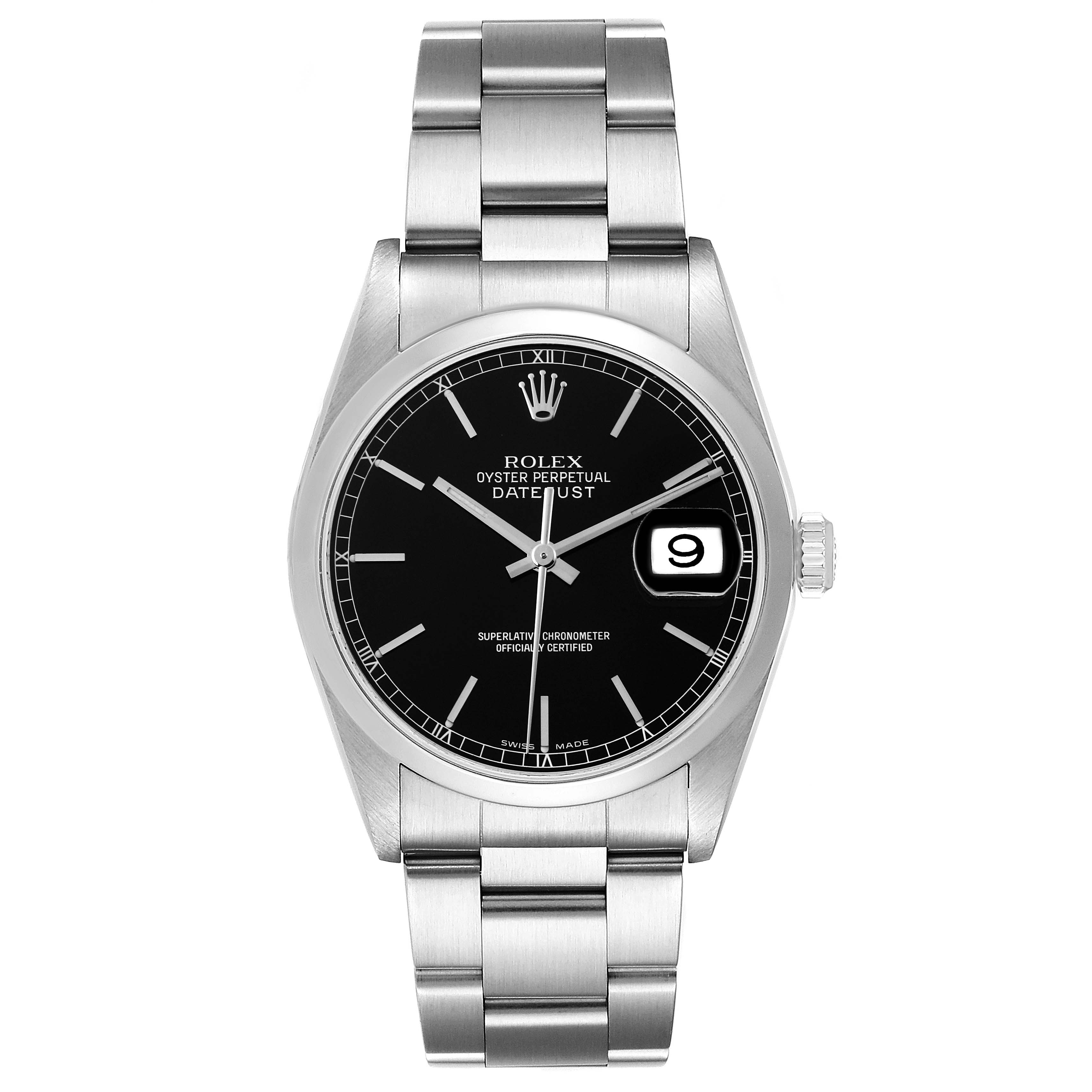 The Rolex Datejust 16200 Men
s Stainless Steel Black Dial 16200 Men
s Stainless Steel Black Dial watch is shown from a front view, highlighting the black dial, bezel, case, and stainless steel bracelet.