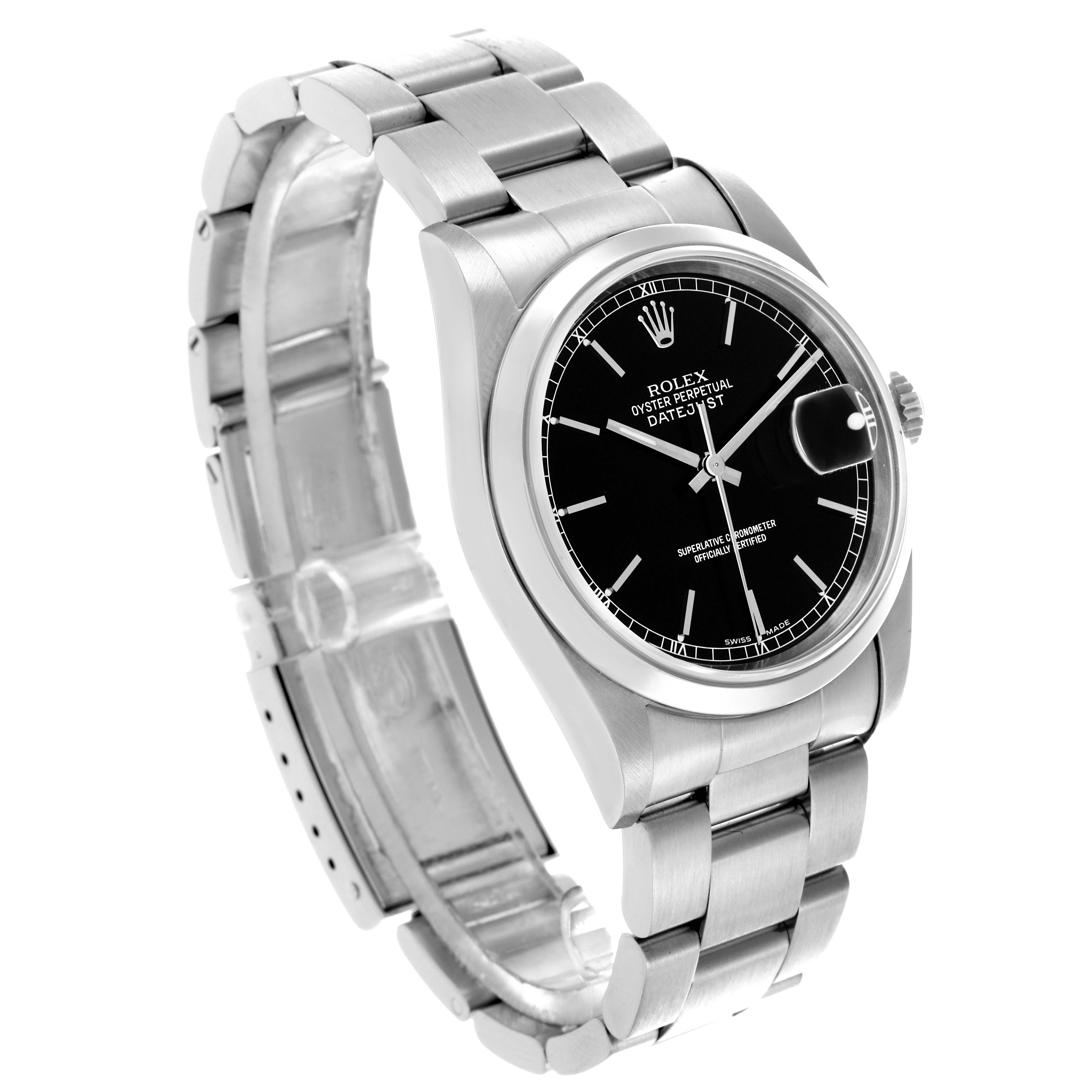 The Rolex Datejust 16200 Men
s Stainless Steel Black Dial 16200 Men
s Stainless Steel Black Dial watch is shown at a slight angle, displaying its face, bracelet, and crown.