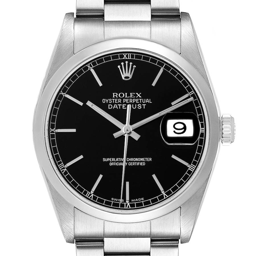 The Rolex Datejust watch is shown from a straight-on angle, highlighting the black dial, markers, date window, and bracelet.