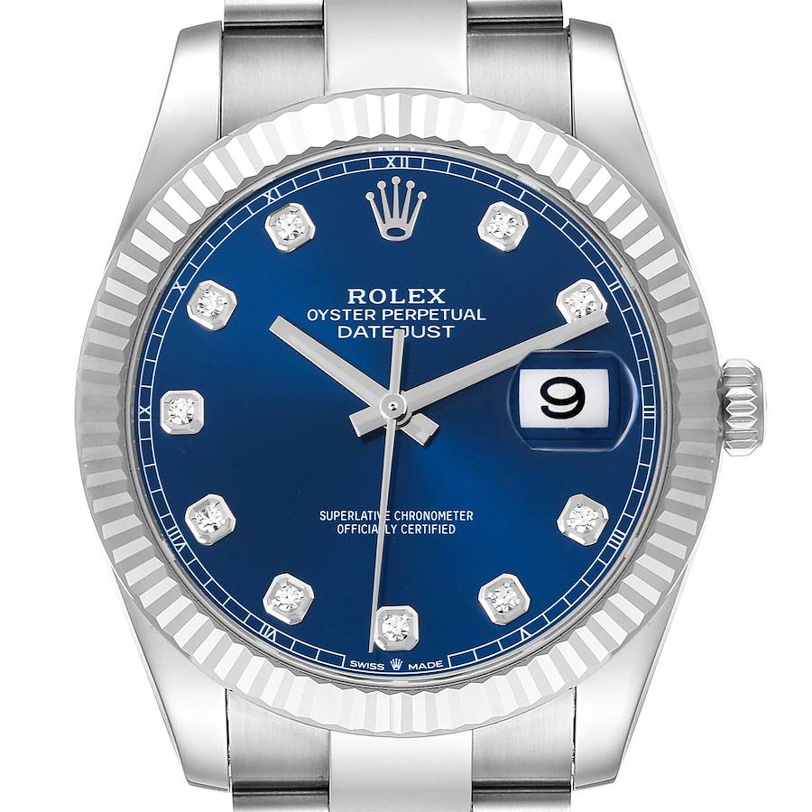 The Rolex Datejust 41 is shown from the front, highlighting the blue dial, fluted bezel, and diamond hour markers.