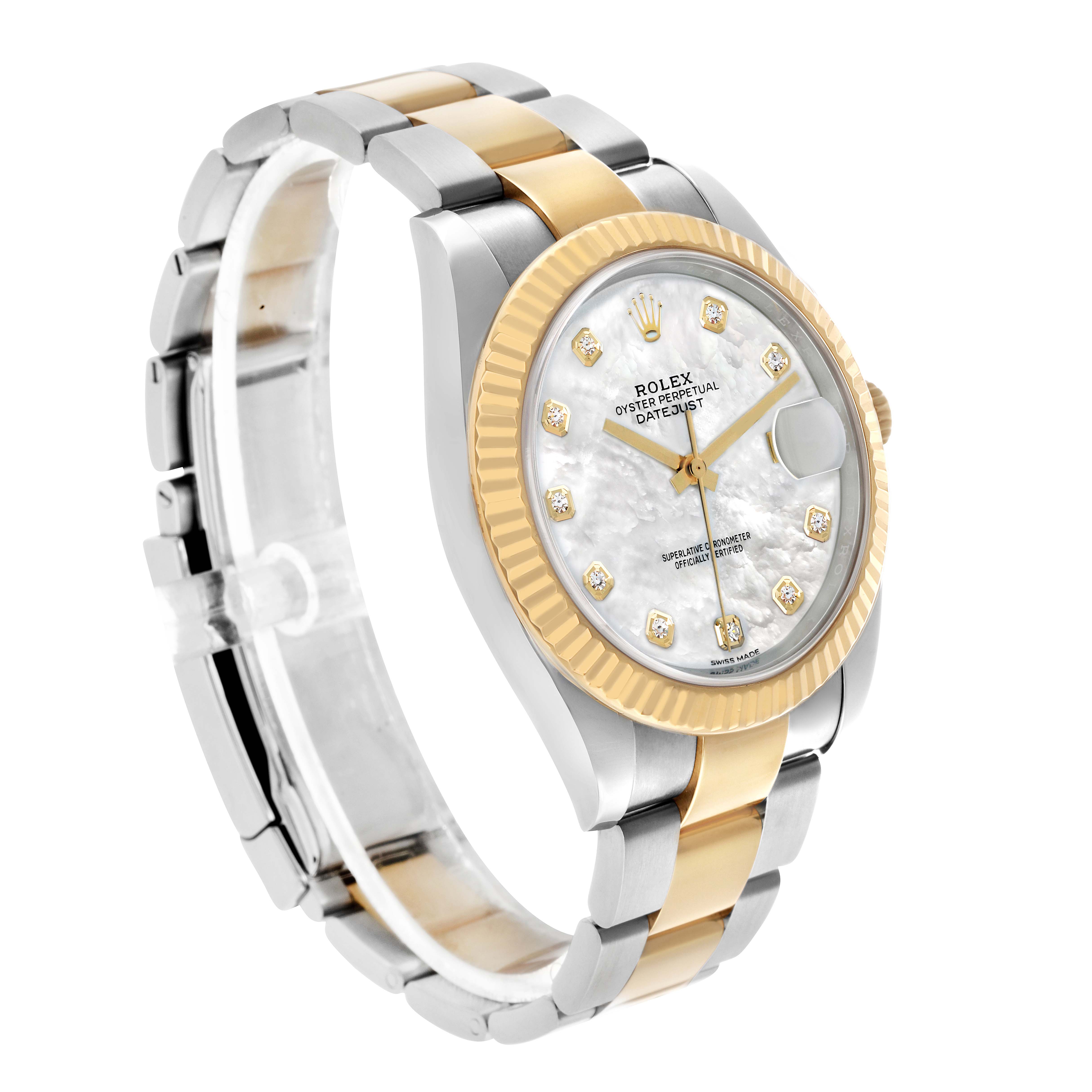The Rolex Datejust 41 126333 Men's Steel and Gold (two tone) Silver Dial is shown at a three-quarter angle, highlighting the bracelet, bezel, and dial.