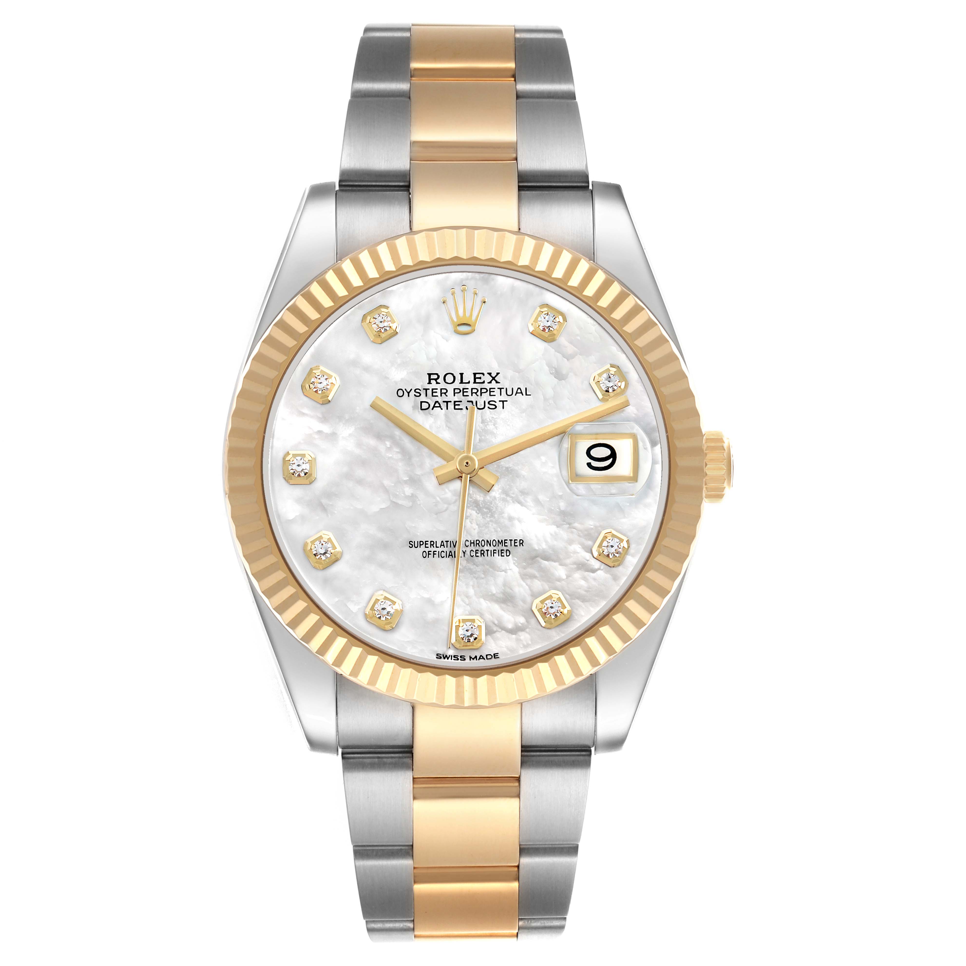 The Rolex Datejust 41 126333 Men's Steel and Gold (two tone) Silver Dial is shown from the front, featuring a gold and silver bracelet, fluted bezel, and diamond markers.
