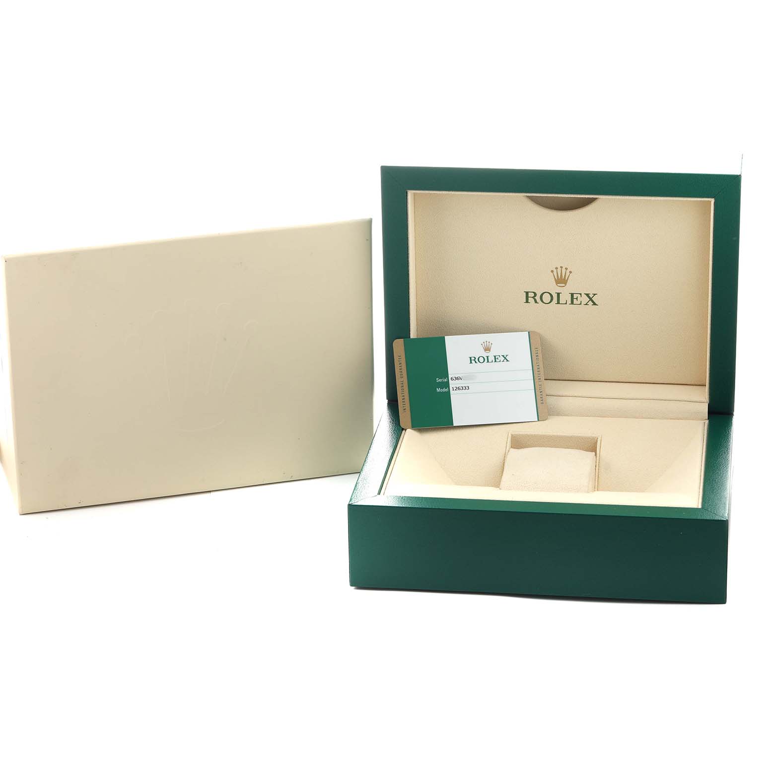 The image shows the open box and card holder for a Rolex Datejust 41 126333 Men's Steel and Gold (two tone) Silver Dial, viewed from the front.